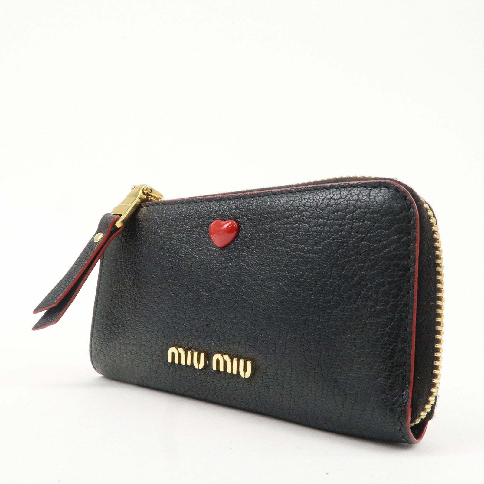 MIU MIU Leather Coin Case with Key Rings Black Gold HDW Used