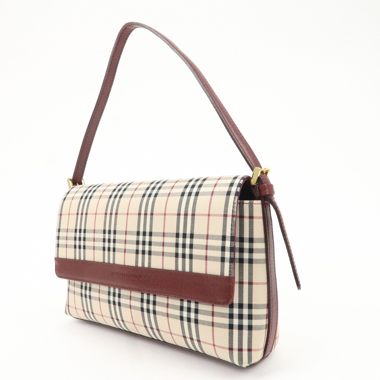 BURBERRY Canvas Leather Nova Plaid Shoulder Bag Hand Bag Bordeaux