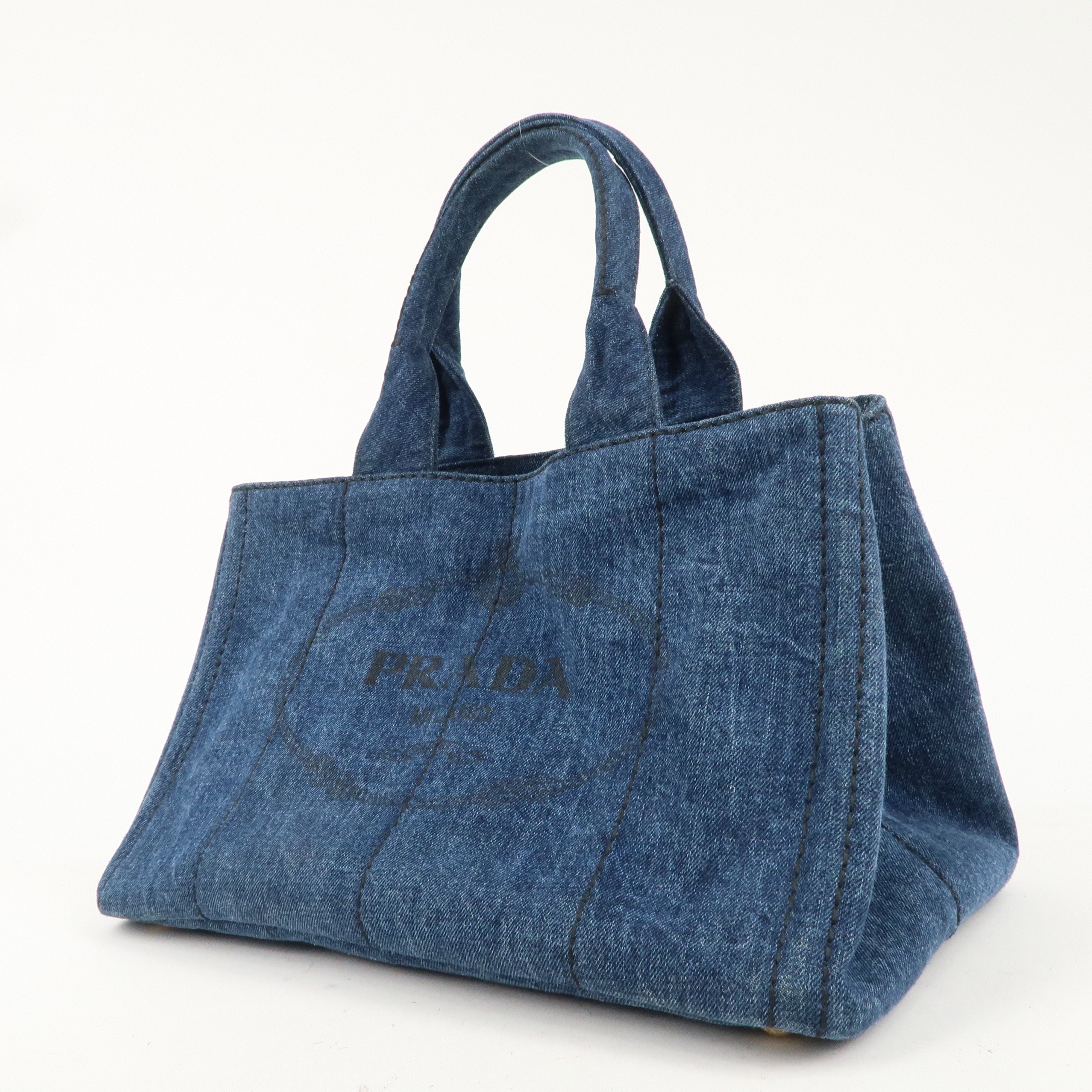 PRADA Logo Canapa Denim Hand Bag Tote Bag Denim Blue