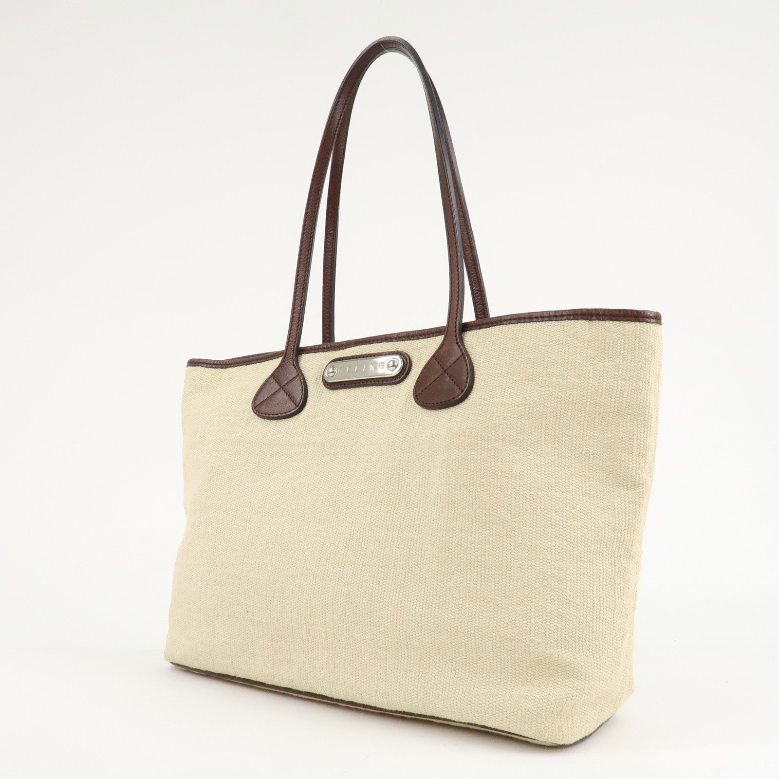 CELINE Canvas Leather Tote Bag Hand Bag Ivory Dark Brown