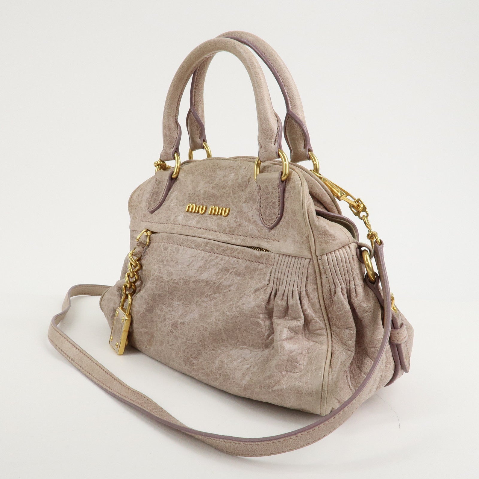 MIU MIU Logo Leather 2 Way Hand Bag Shoulder Bag  Beige Used