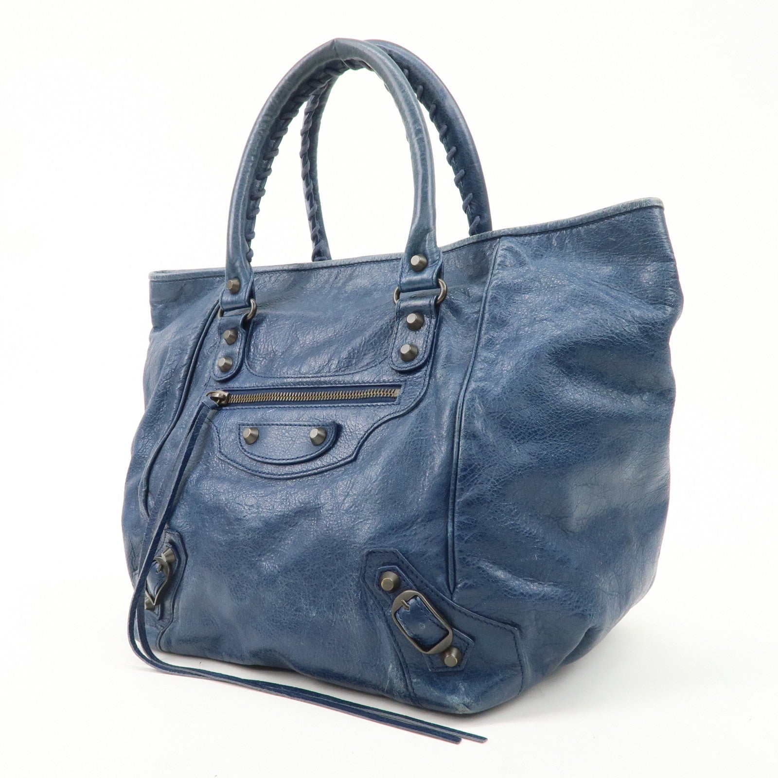 BALENCIAGA Leather The Sunday Tote Bag Hand Bag Blue 228750