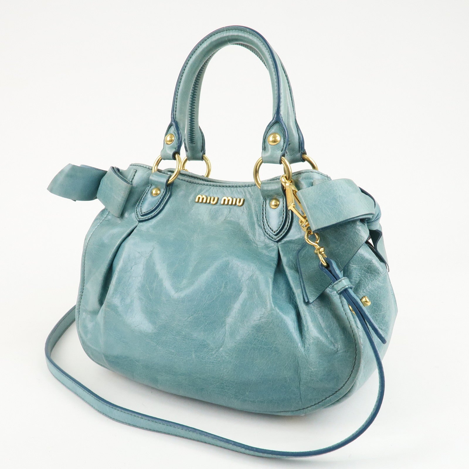 MIU MIU Leather 2Way Bag Shoulder Bag Hand Bag Blue Used