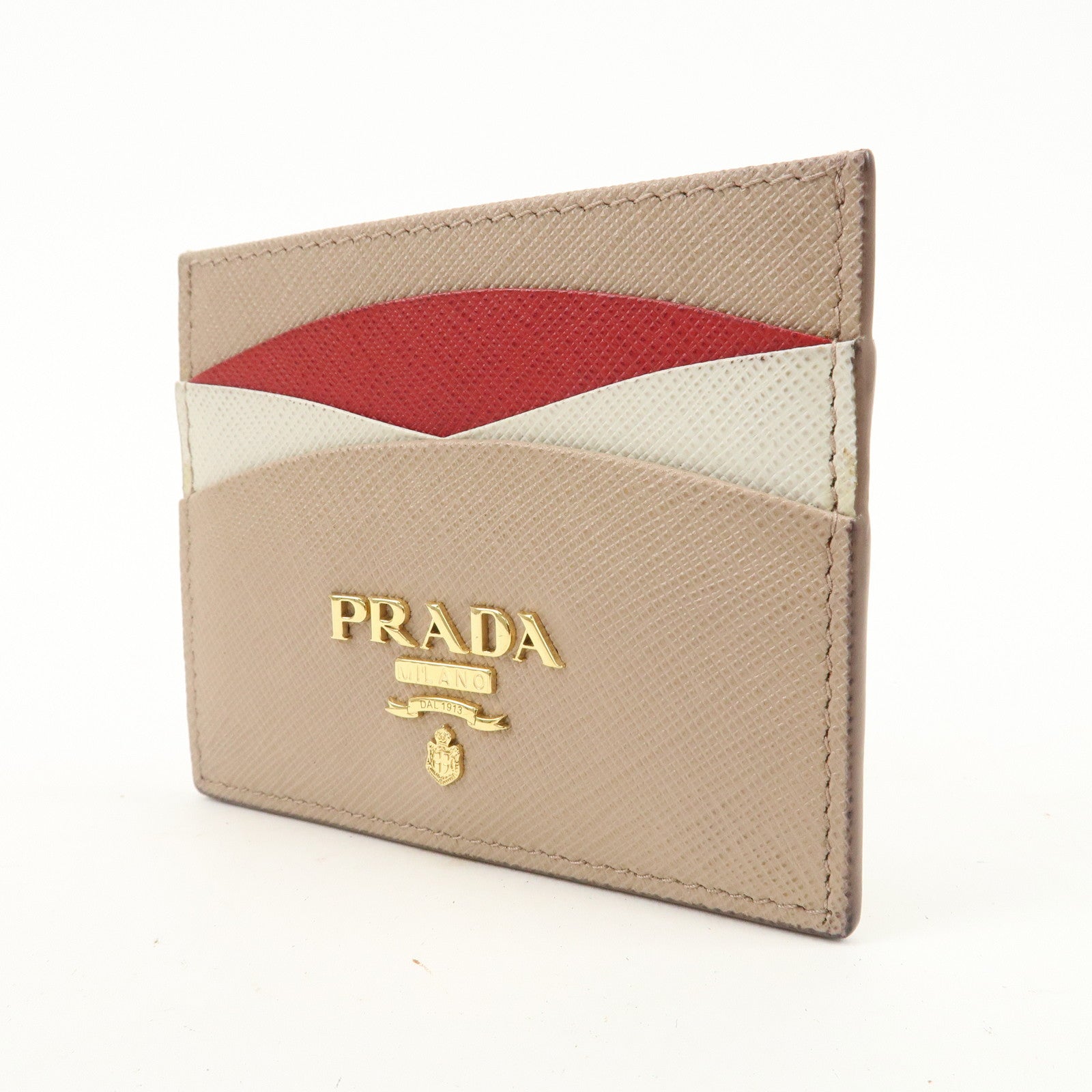 PRADA Logo Saffiano Leather Card Case Card Holder Pink Beige