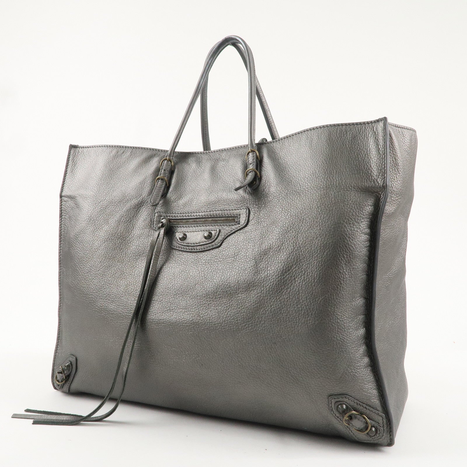 BALENCIAGA The Paper Leather Tote Bag Silvergray 236701