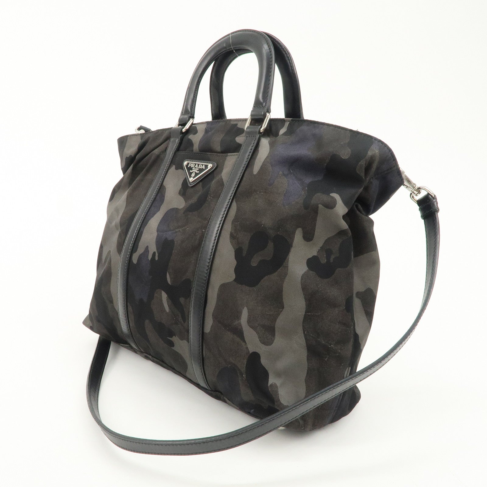 PRADA Nylon Leather 2Way Hand Bag Camouflage Khaki Black BN2791 Used