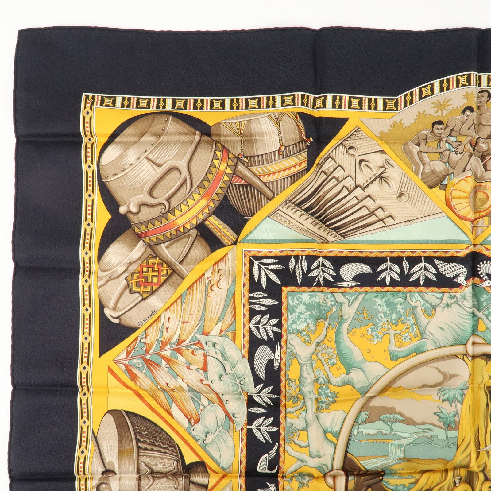 HERMES Silk 100% Carre 90 Scarf Au Son du Tam Tam Black Beige