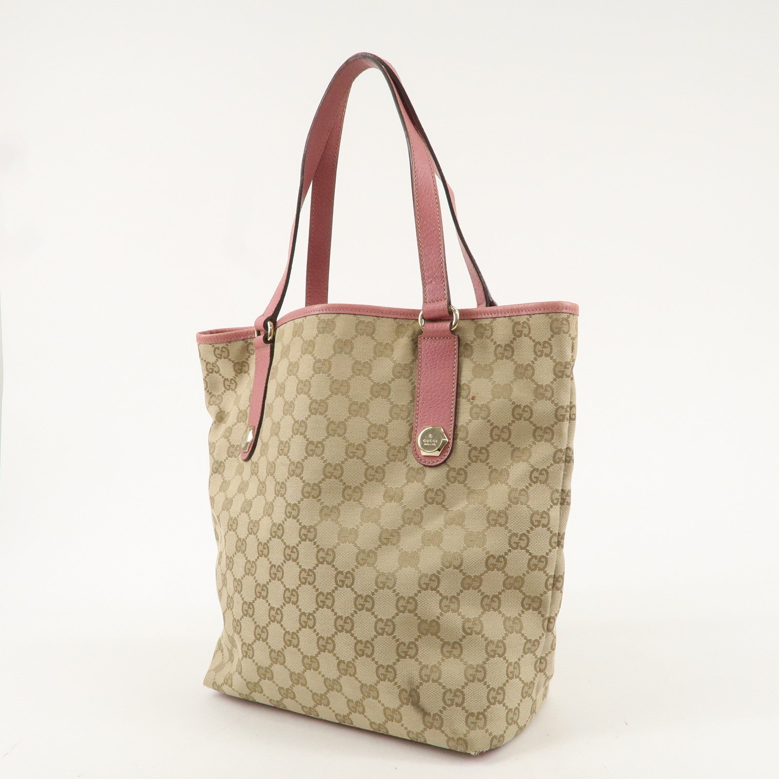 GUCCI GG Canvas Leather Tote Bag Hand Bag Beige Pink 153009