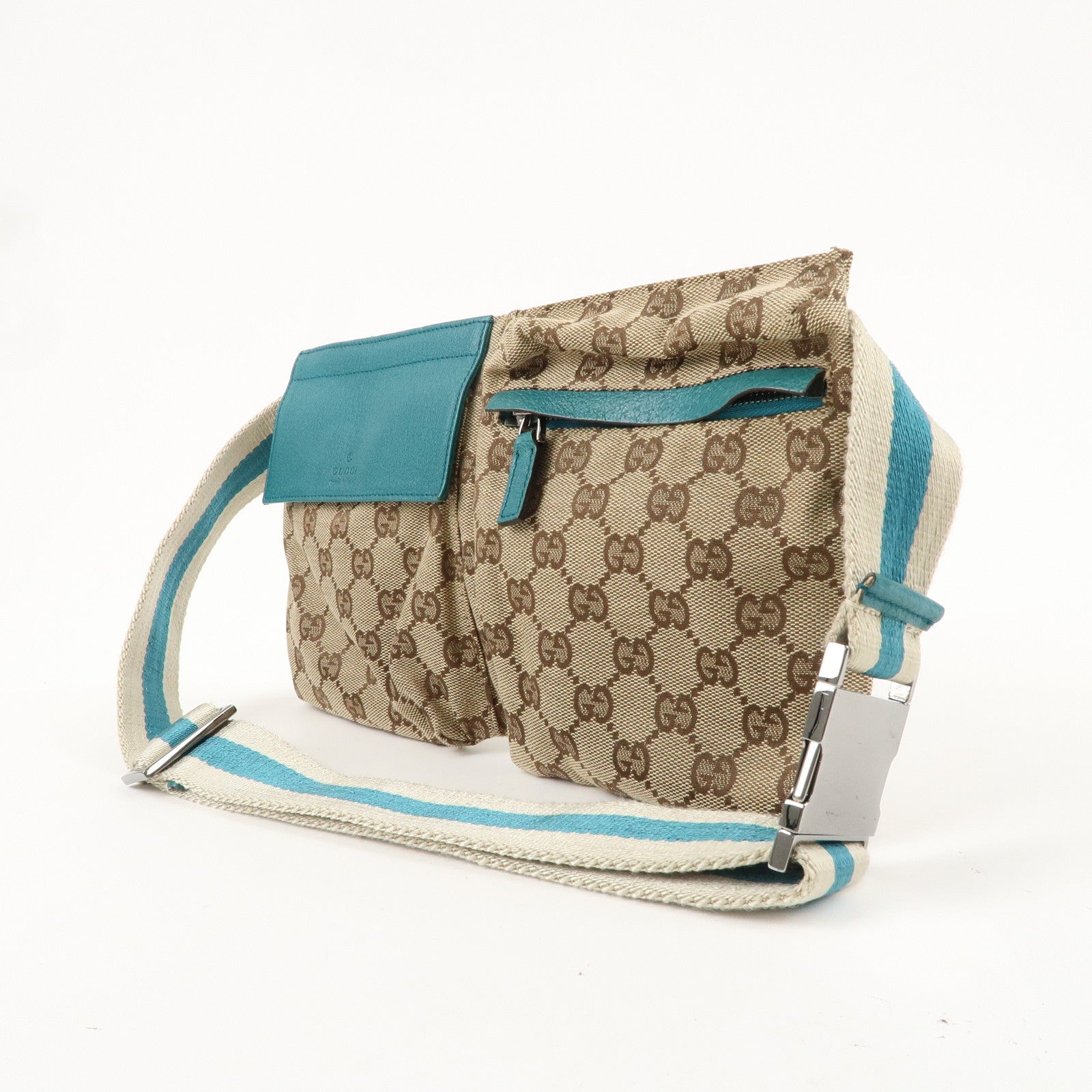 GUCCI GG Canvas Leather Waist Bag Crossbody Bag Turquoise 28566