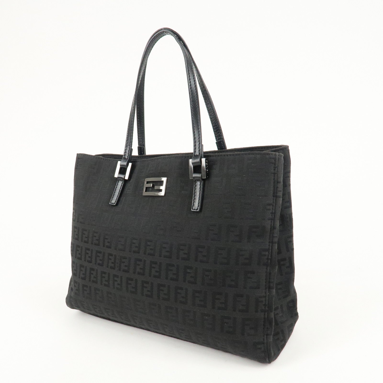 FENDI Zucchino Canvas Leather Tote Bag Hand Bag Black 8BH132 Used