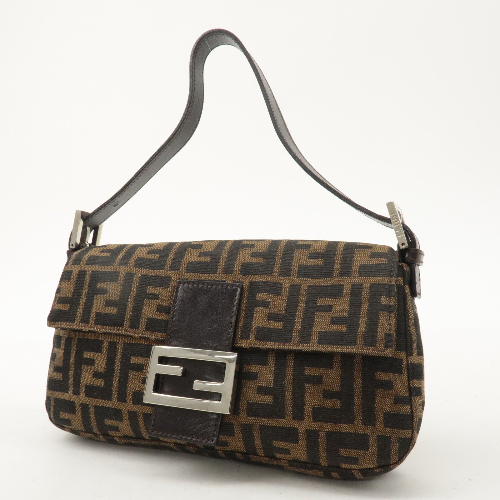 FENDI Mamma Baguette Canvas Leather Shoulder Bag Brown Black 26424