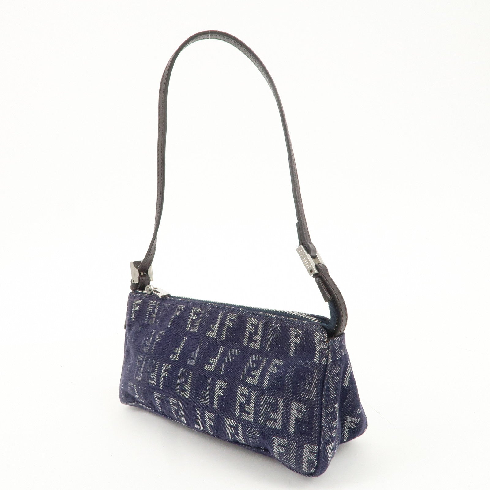 FENDI Zucchino Canvas Leather Shoulder Bag Pouch Navy 8BR249 Used