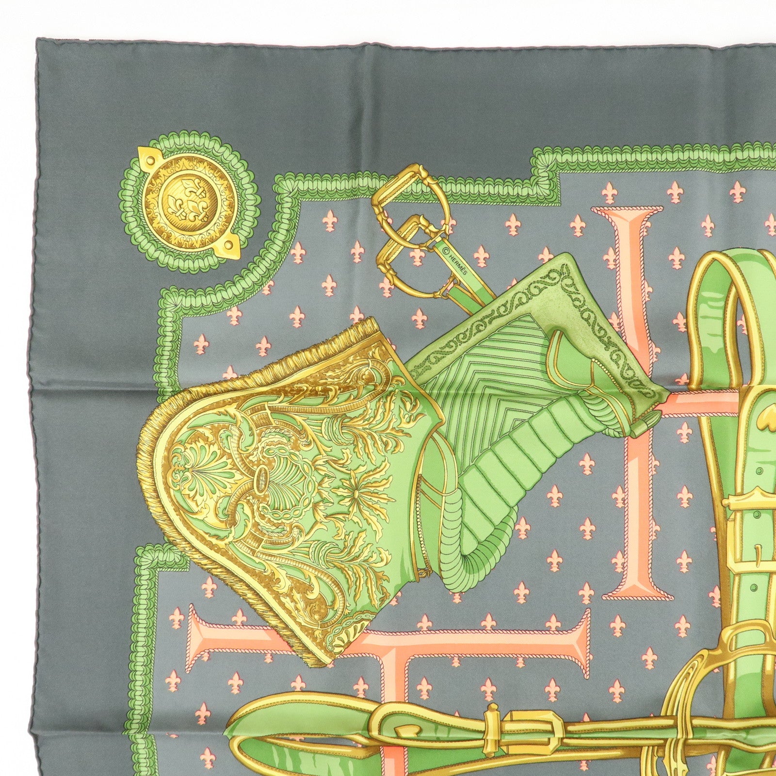 HERMES Carre 90 Silk 100% Scarf SELLES A HOUSSE Gray Green Pink Used