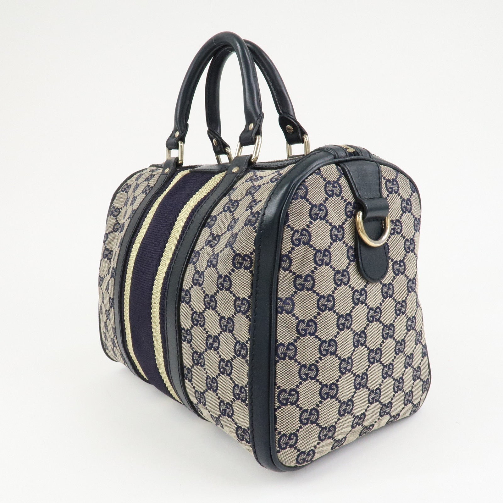 GUCCI Sherry GG Canvas Leather 2Way Boston Bag Navy 247205 Used