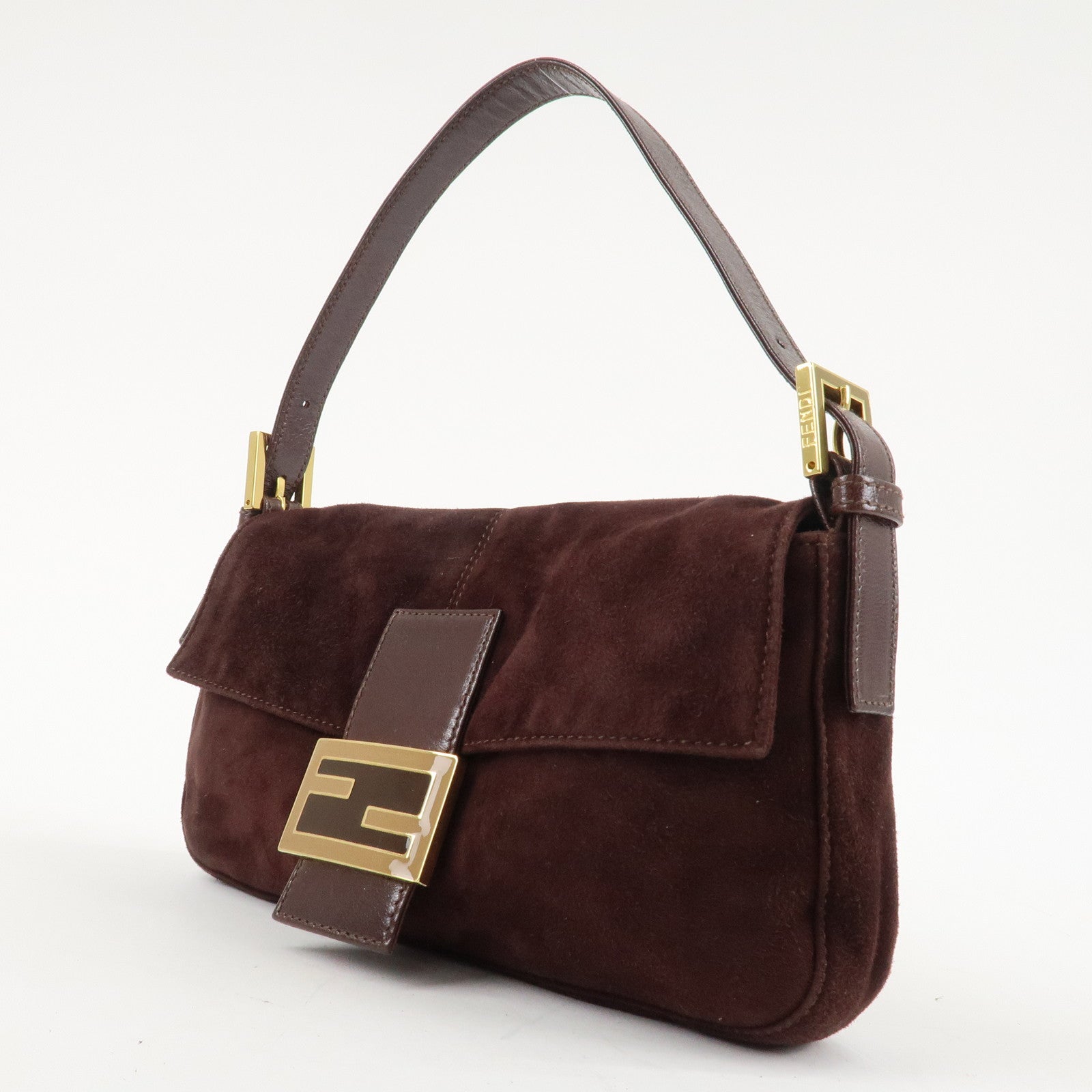 FENDI Suede Leather Shoulder Bag Dark Brown 26424