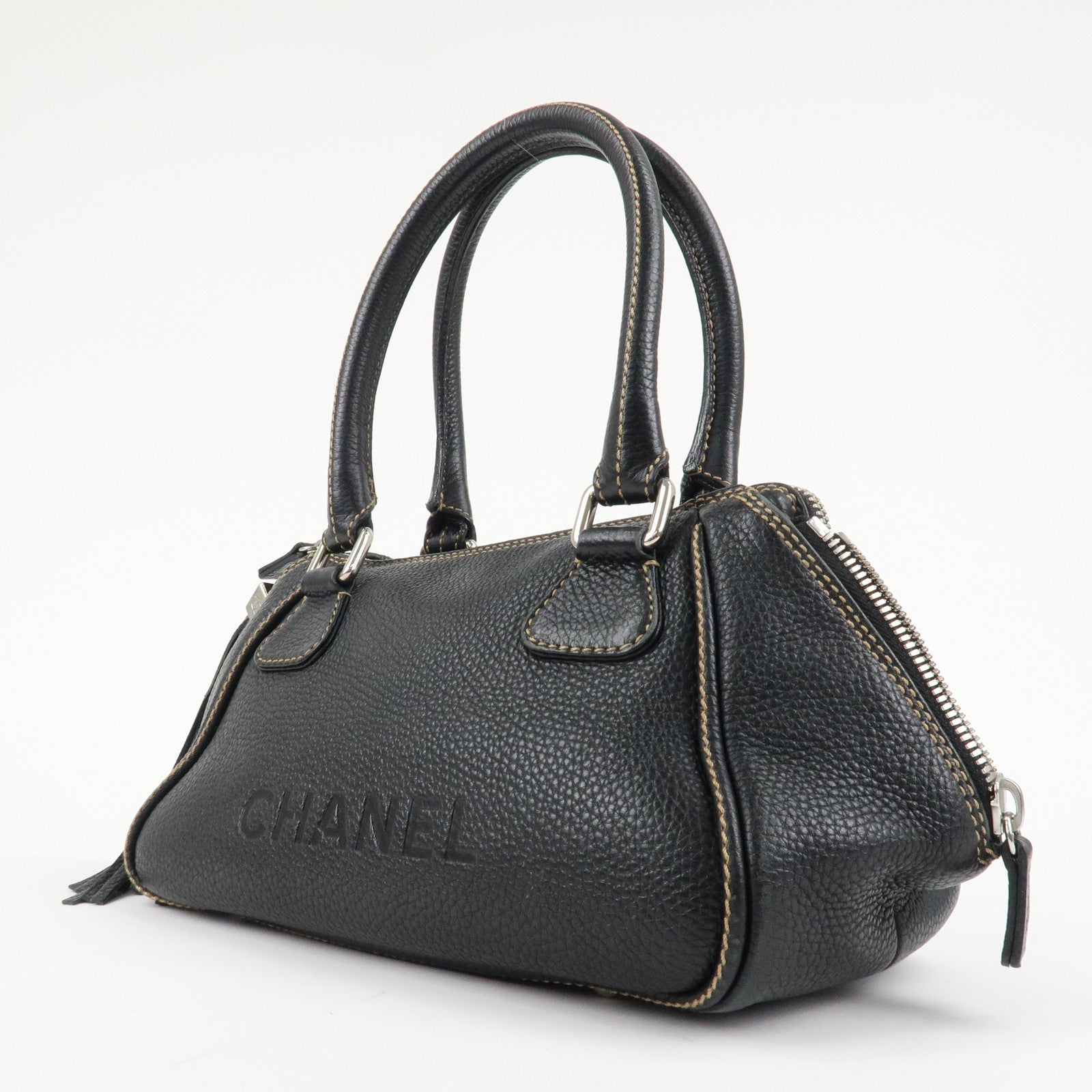 CHANEL COCO Mark Leather Fringe Shoulder Bag Hand Bag Black