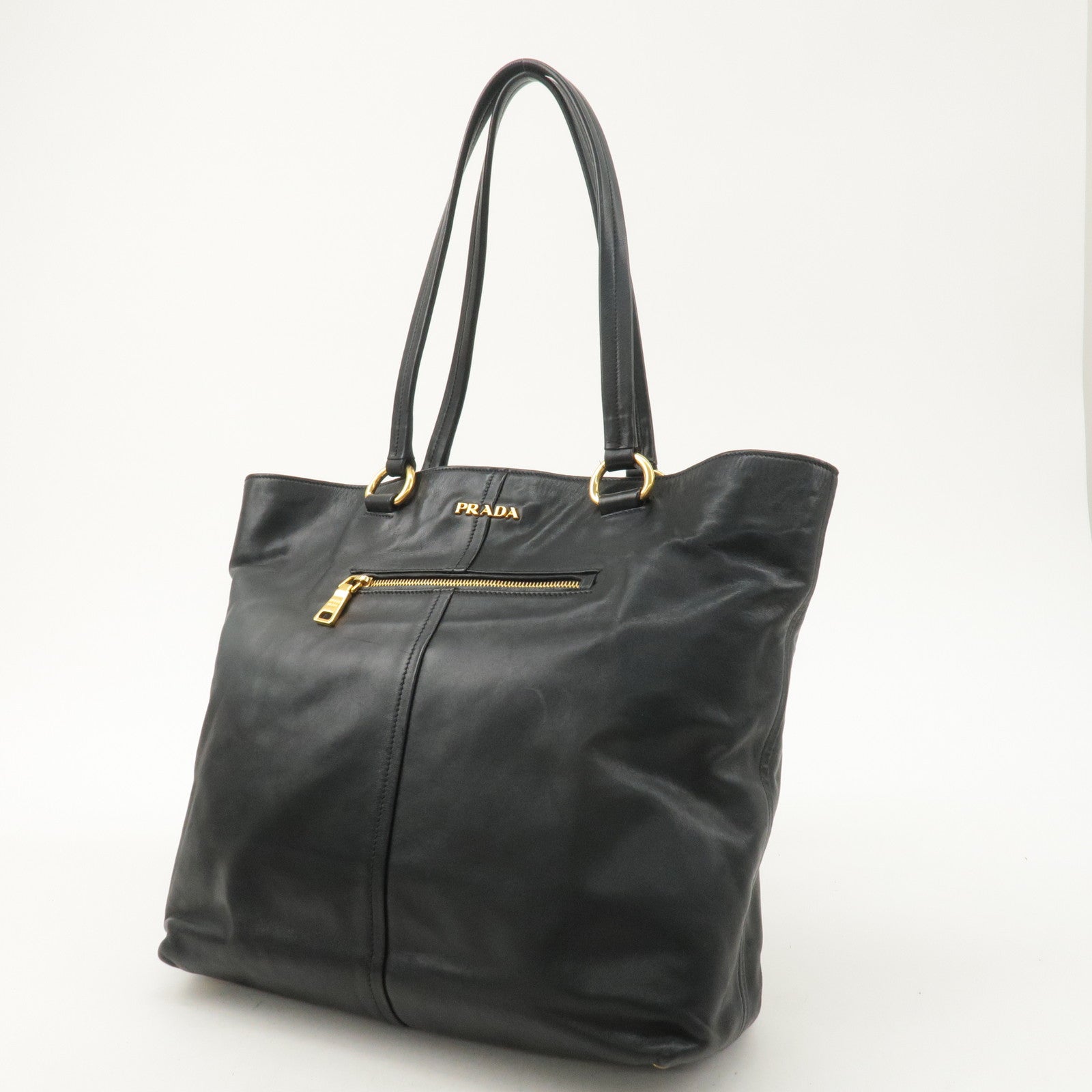 PRADA Logo Leather Tote Bag Shoulder Bag Black Gold Hardware