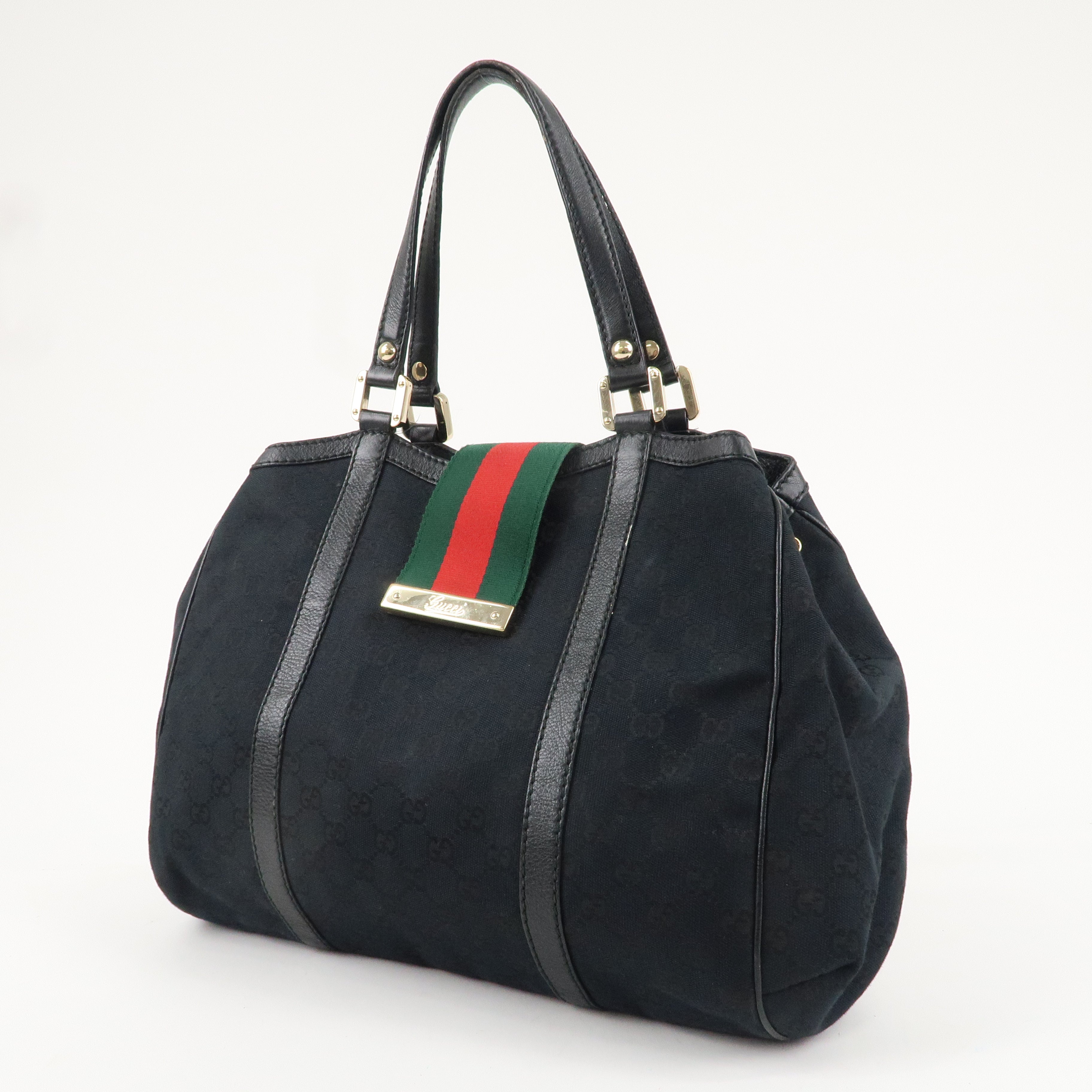 GUCCI Sherry GG Canvas Leather Hand Bag Black 233609