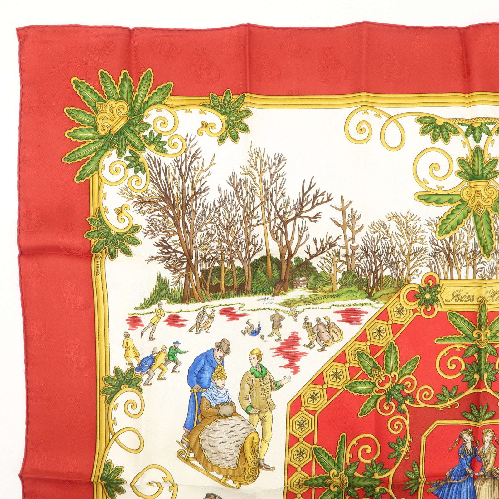 HERMES Carre 90 100% Silk Scarf Joies d’Hiver Red White Gold