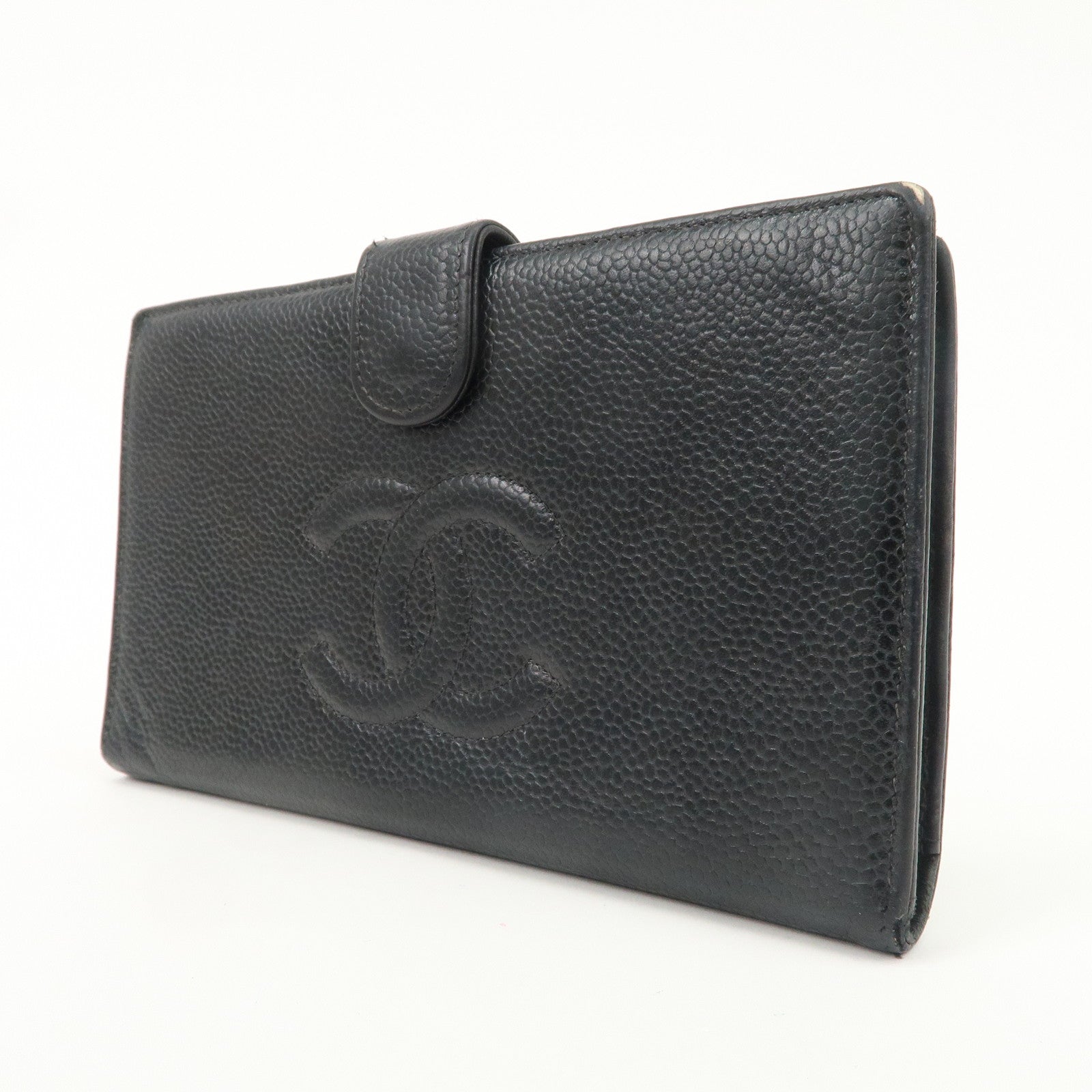 CHANEL Caviar Skin Purse Kiss Lock Long Wallet Black