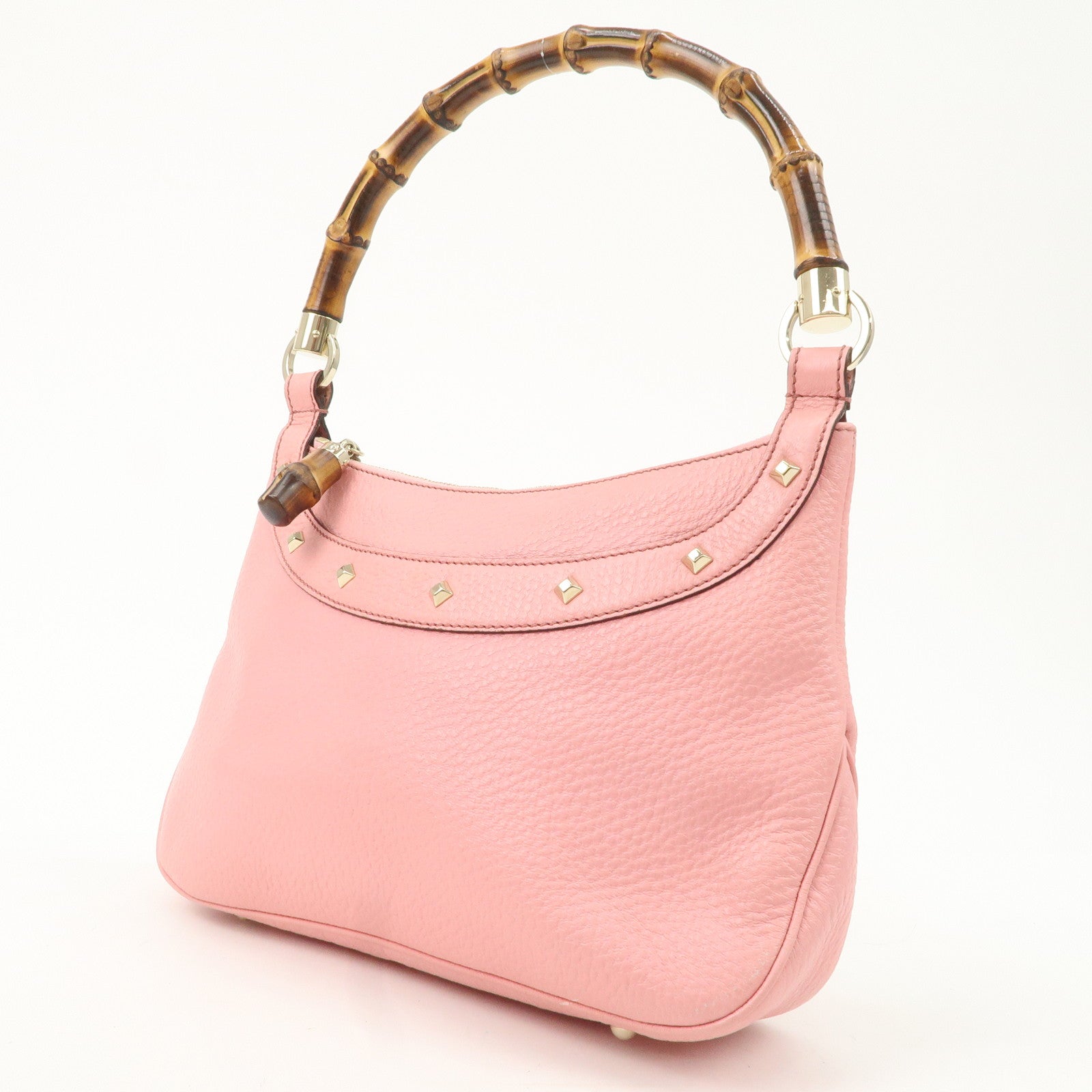 GUCCI Bamboo Leather Shoulder Bag Hand Bag Studs Pink 137378