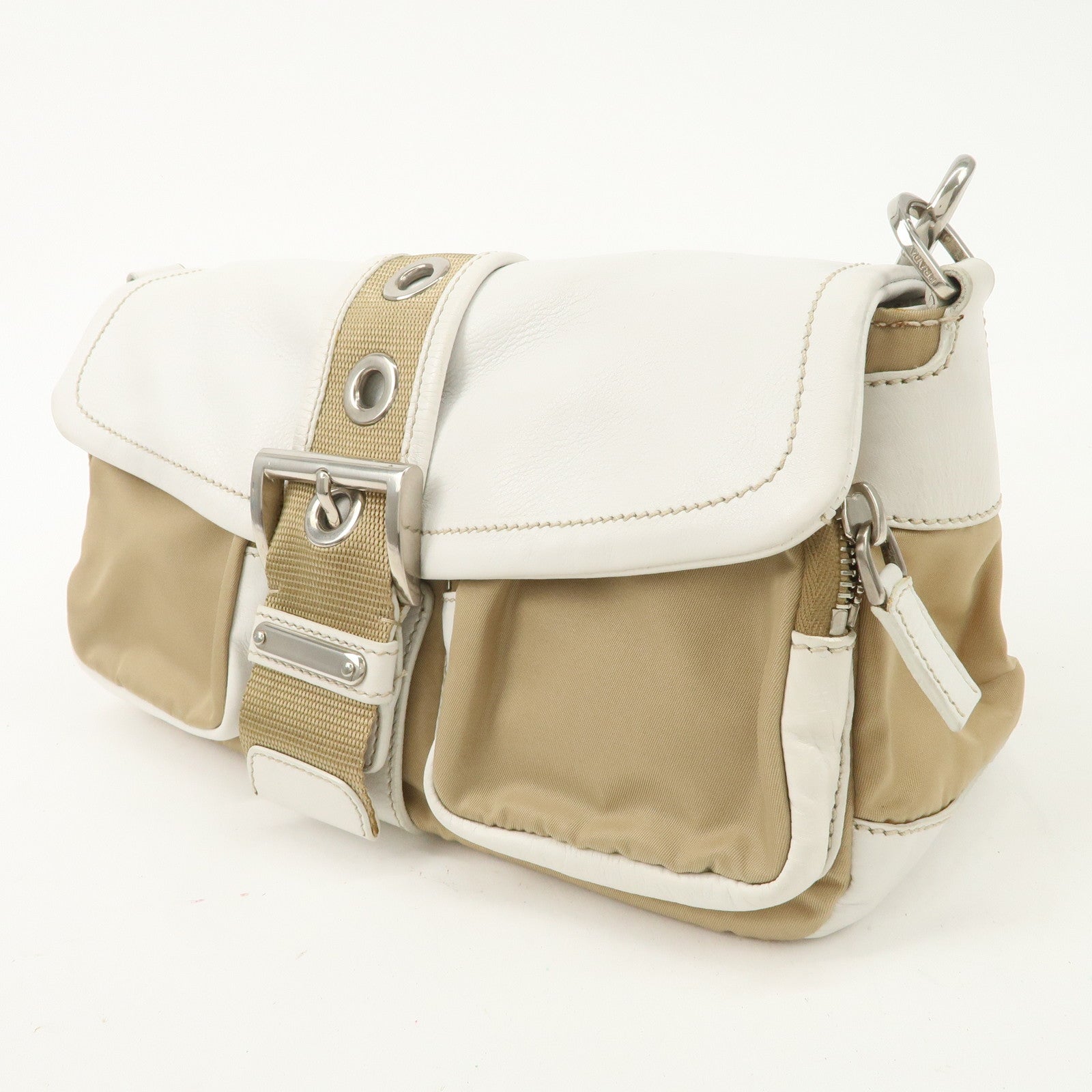 PRADA Nylon Leather Shoulder Bag Cross Body Bag White Beige BR2417 Used