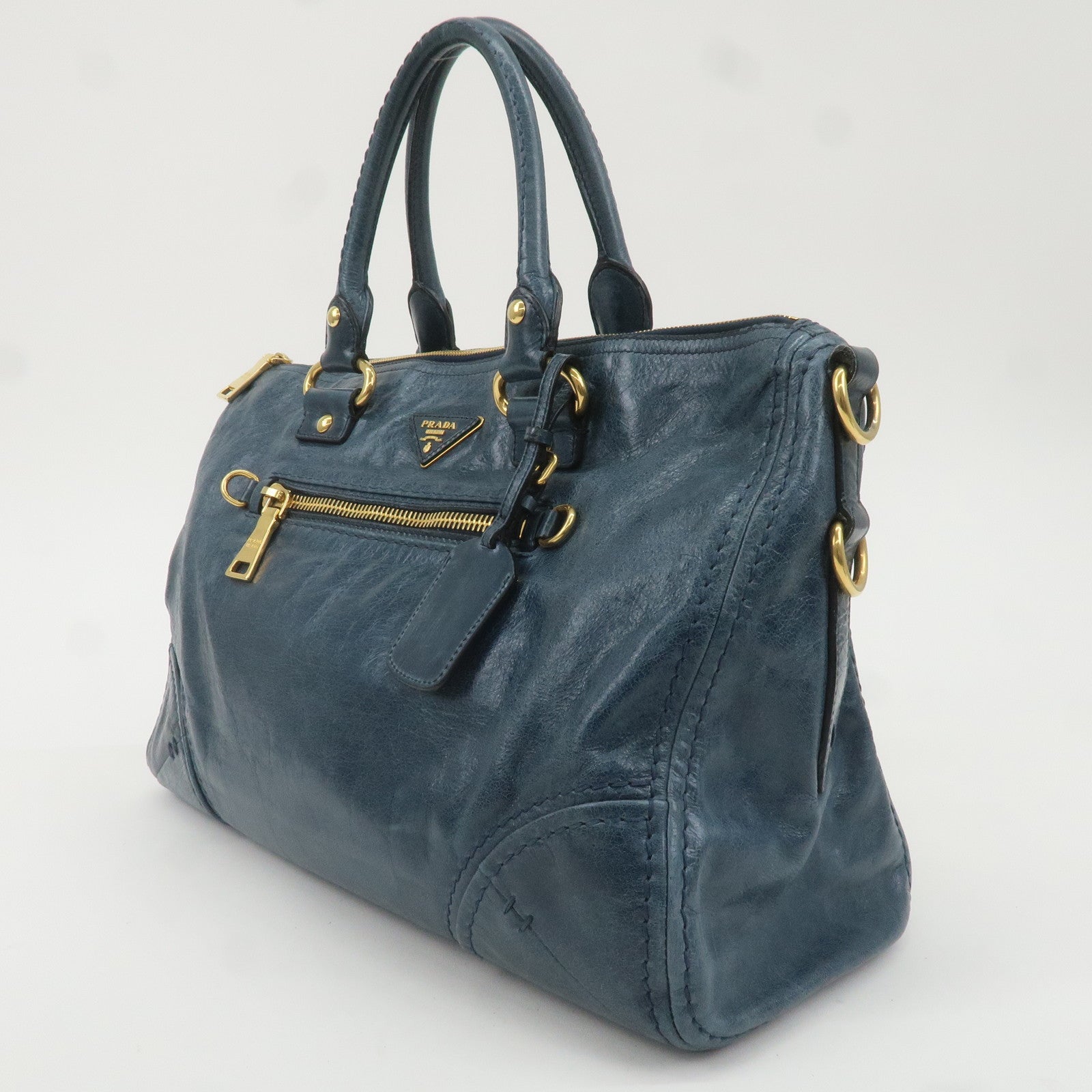 PRADA Leather 2Way Bag Shoulder Bag Blue BL0678