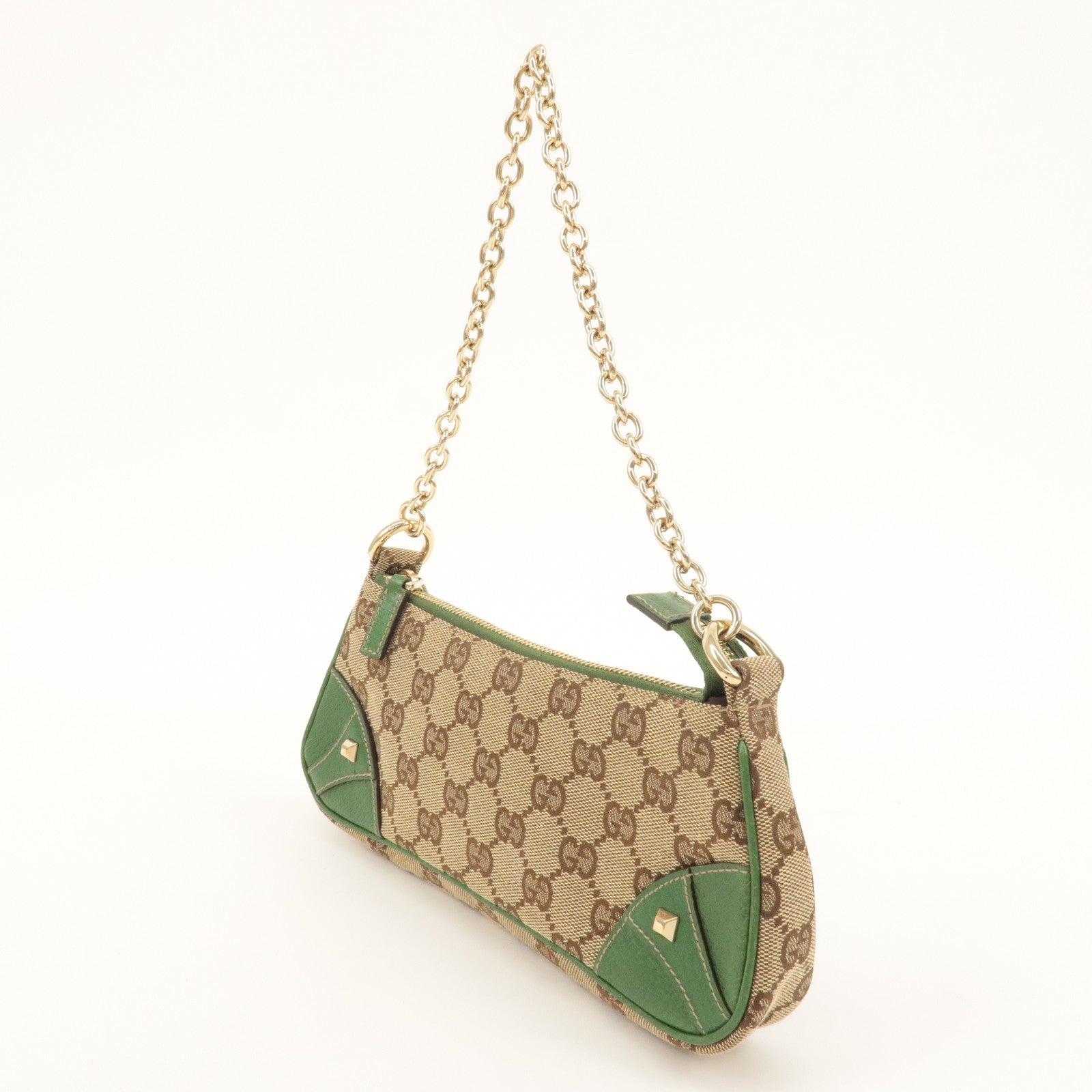 GUCCI GG Canvas Leather Chain Hand Bag Pouch Beige Green 120940