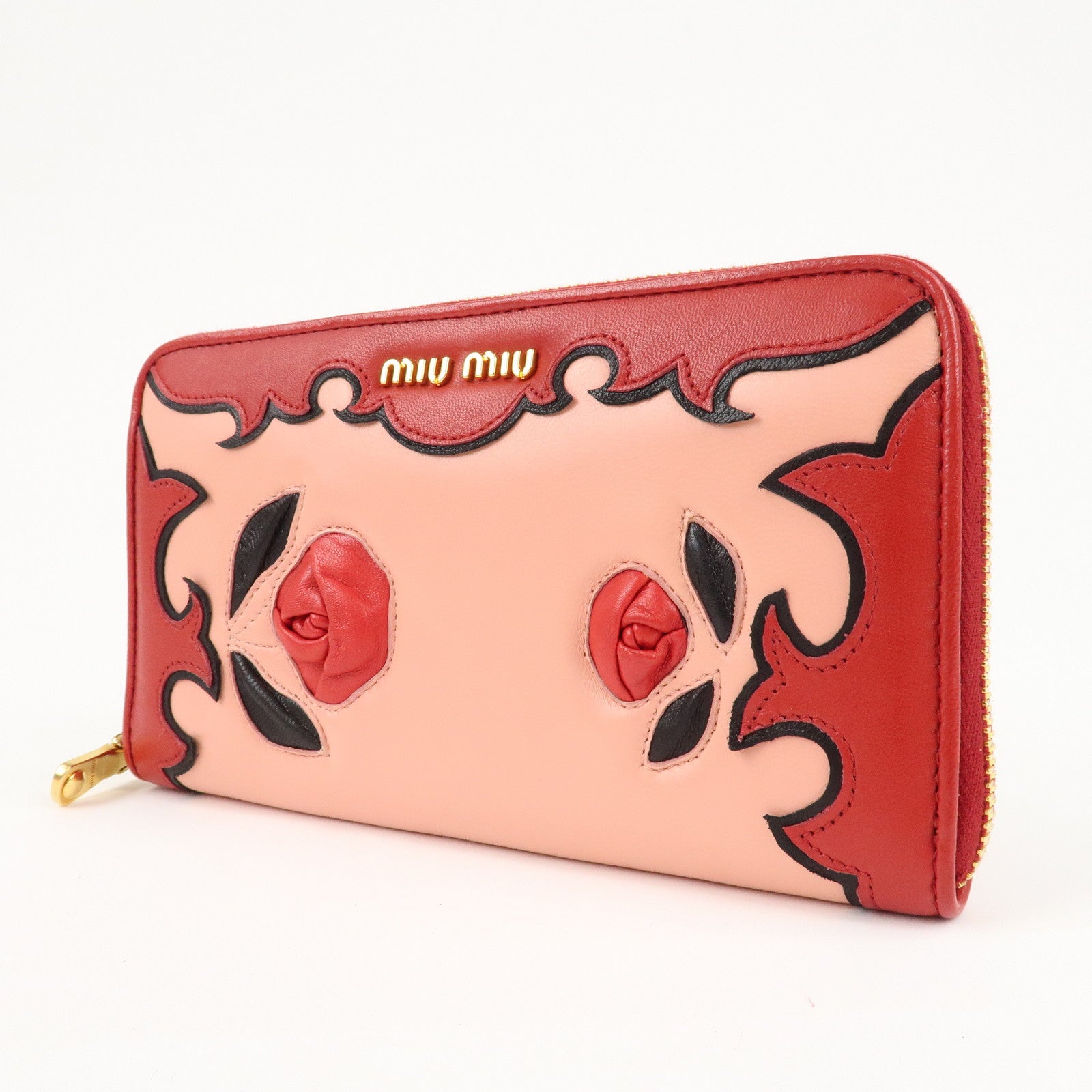 MIU MIU Leather Round Zipper Long Wallet Red Pink