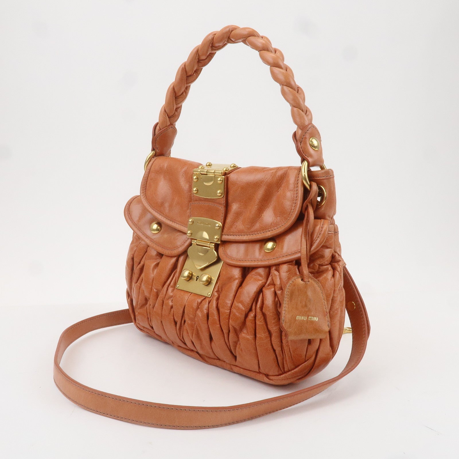 MIU MIU Matelasse Leather 2Way Shoulder Bag Brown RR1358