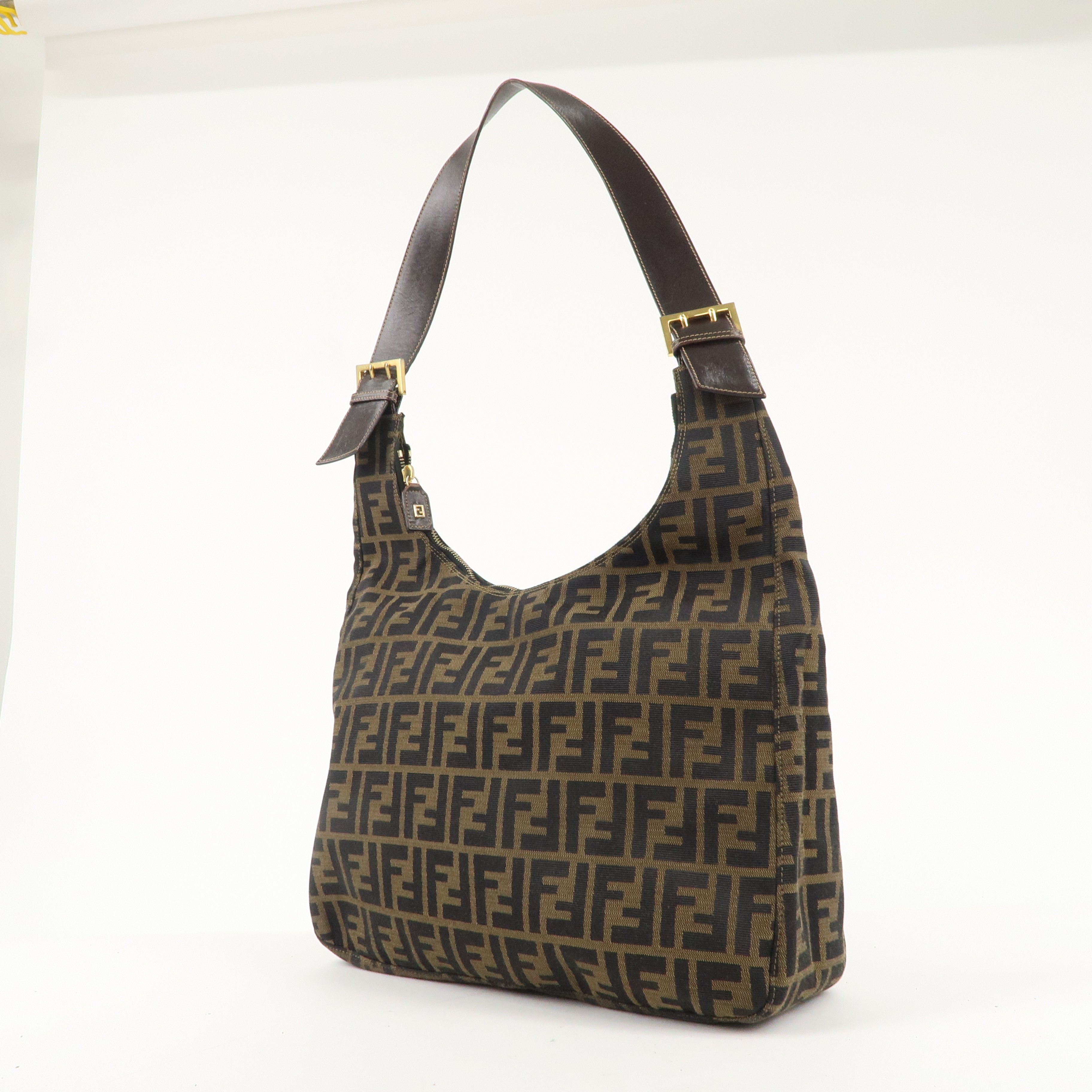 FENDI Zucca Canvas Leather One Shoulder Bag Brown Black