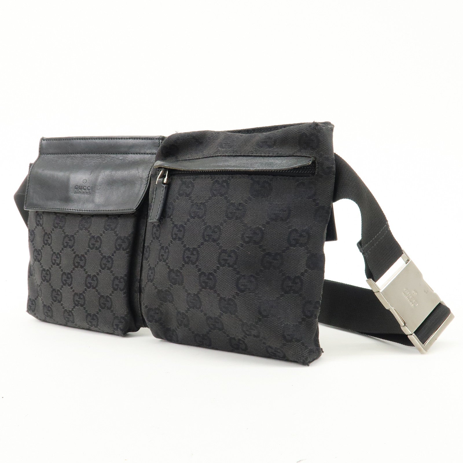 GUCCI GG Canvas Leather Waist Bag Crossbody Bag Black 28566