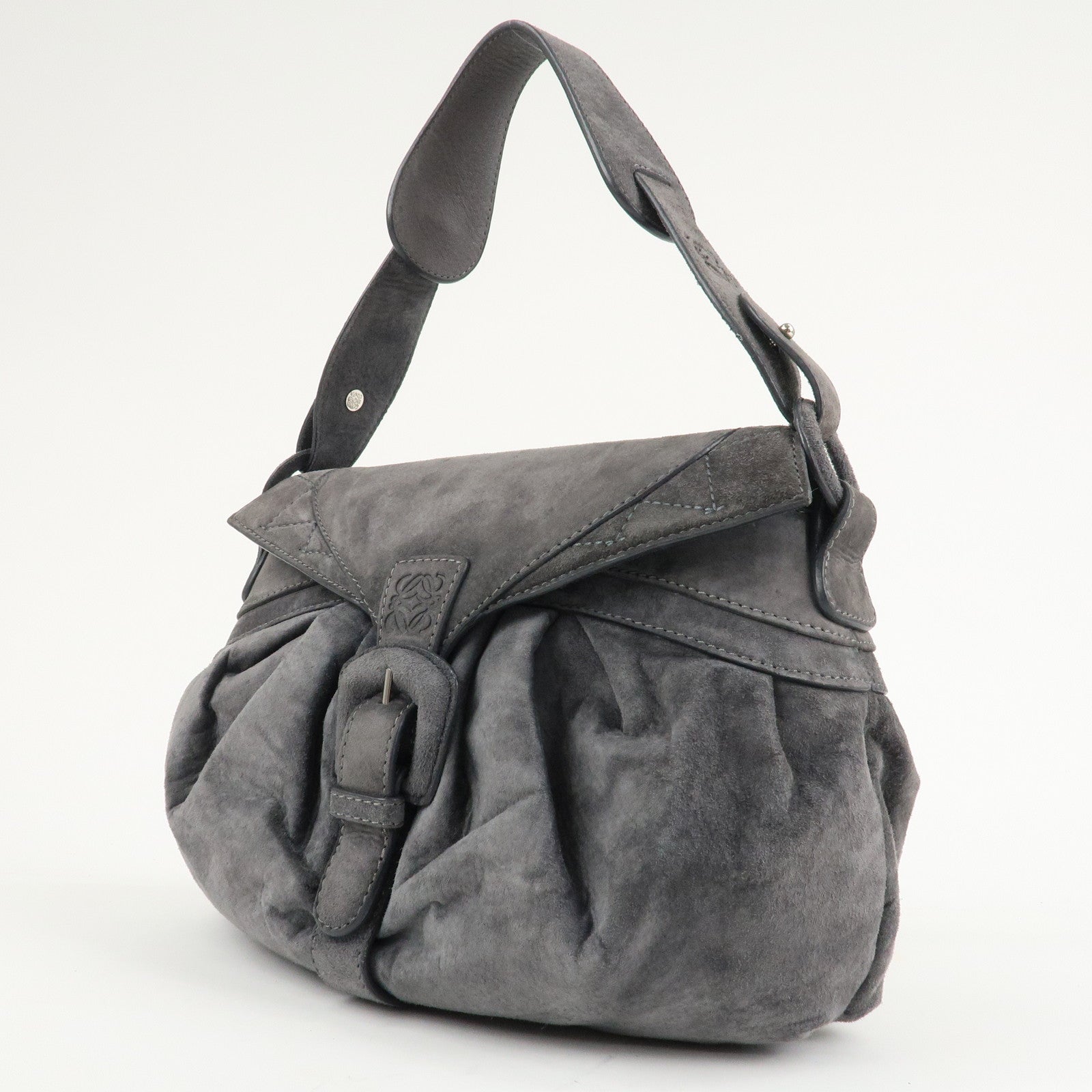 LOEWE Anagram Suede Leather Shoulder Bag Hand Bag Gray