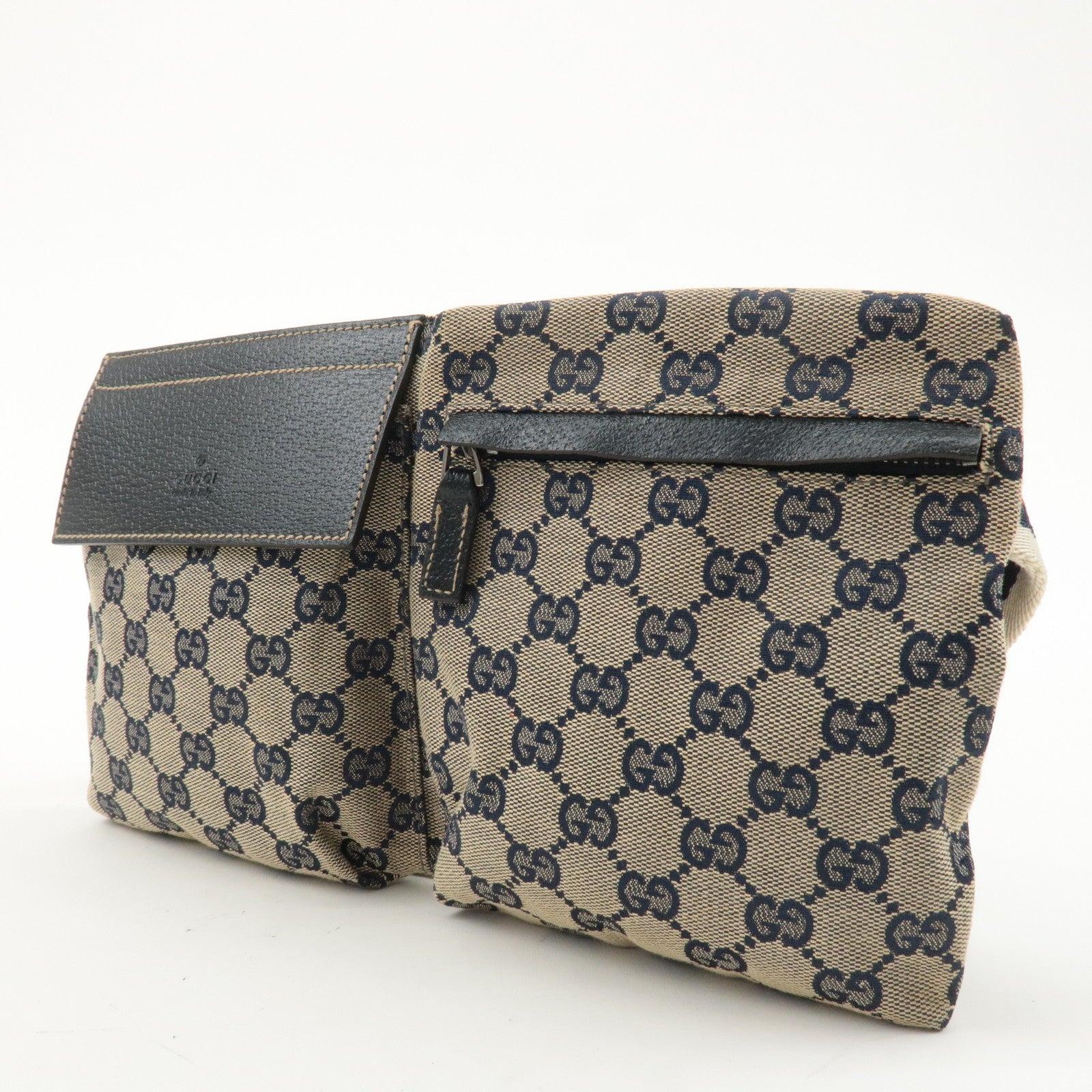 GUCCI Sherry GG Canvas Leather Waist Bag Beige Navy 28566