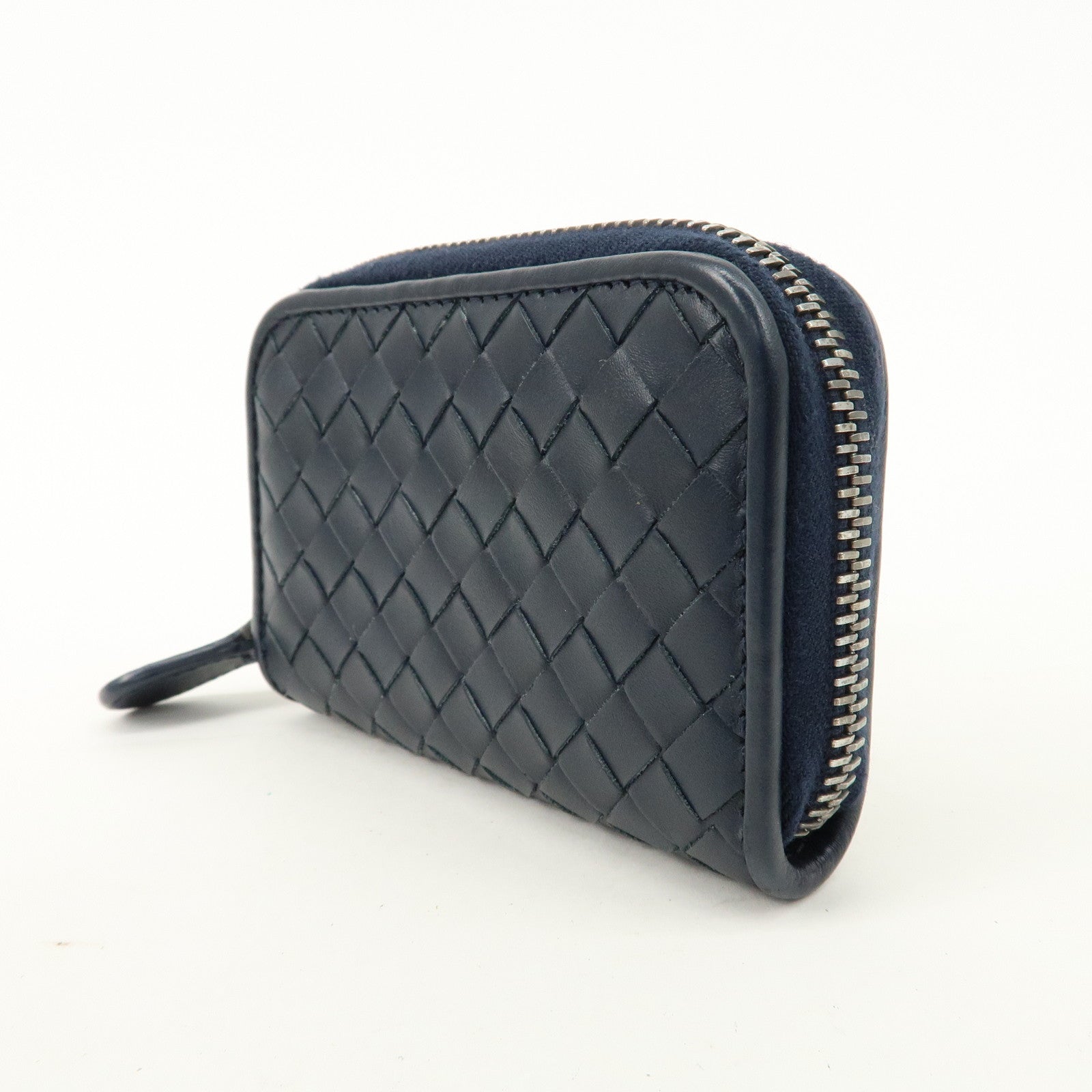 BOTTEGA VENETA Intrecciato Leather Zip Round Coin Case Navy