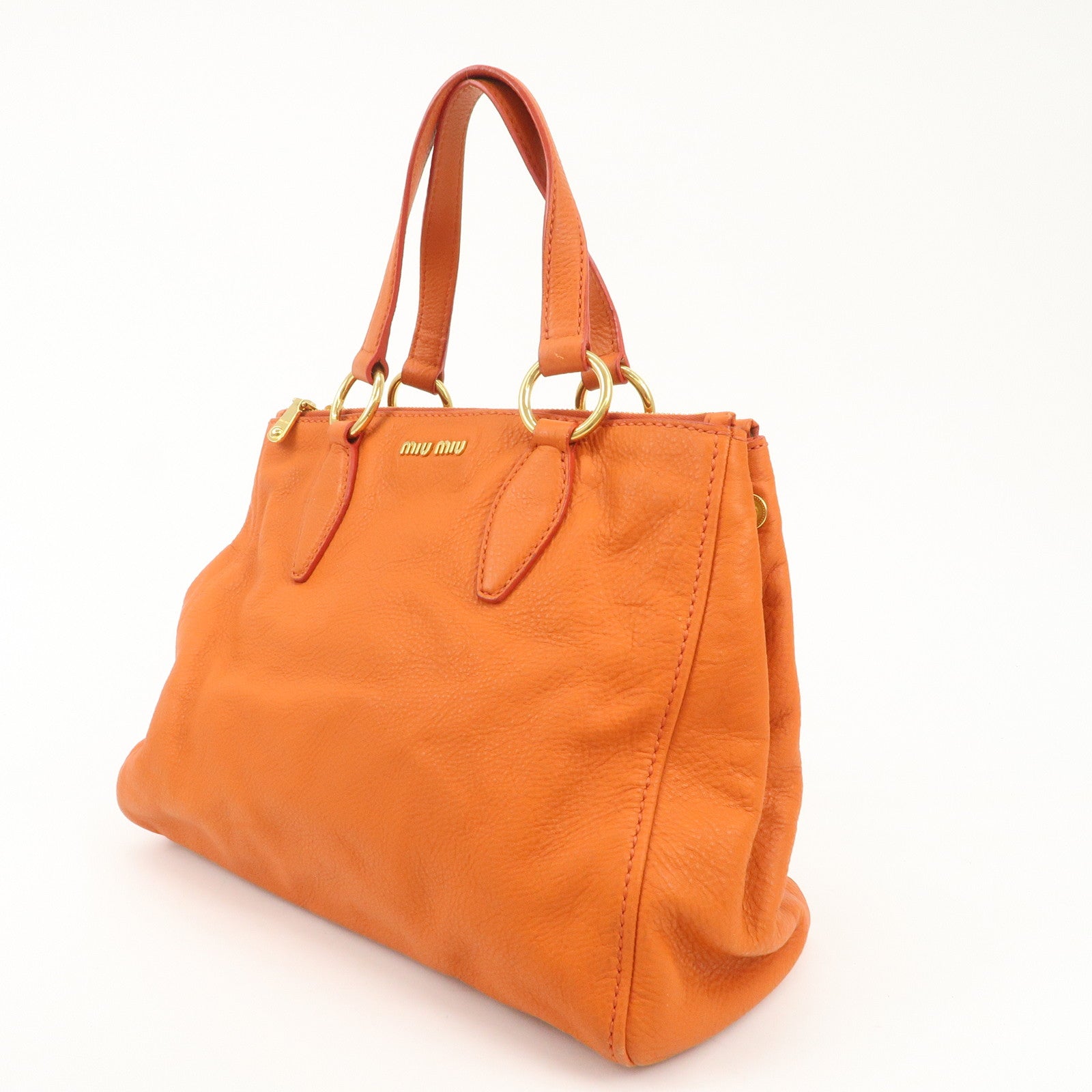 MIU MIU Leather Tote Bag Gold Logo Orange Gold Hardware Used