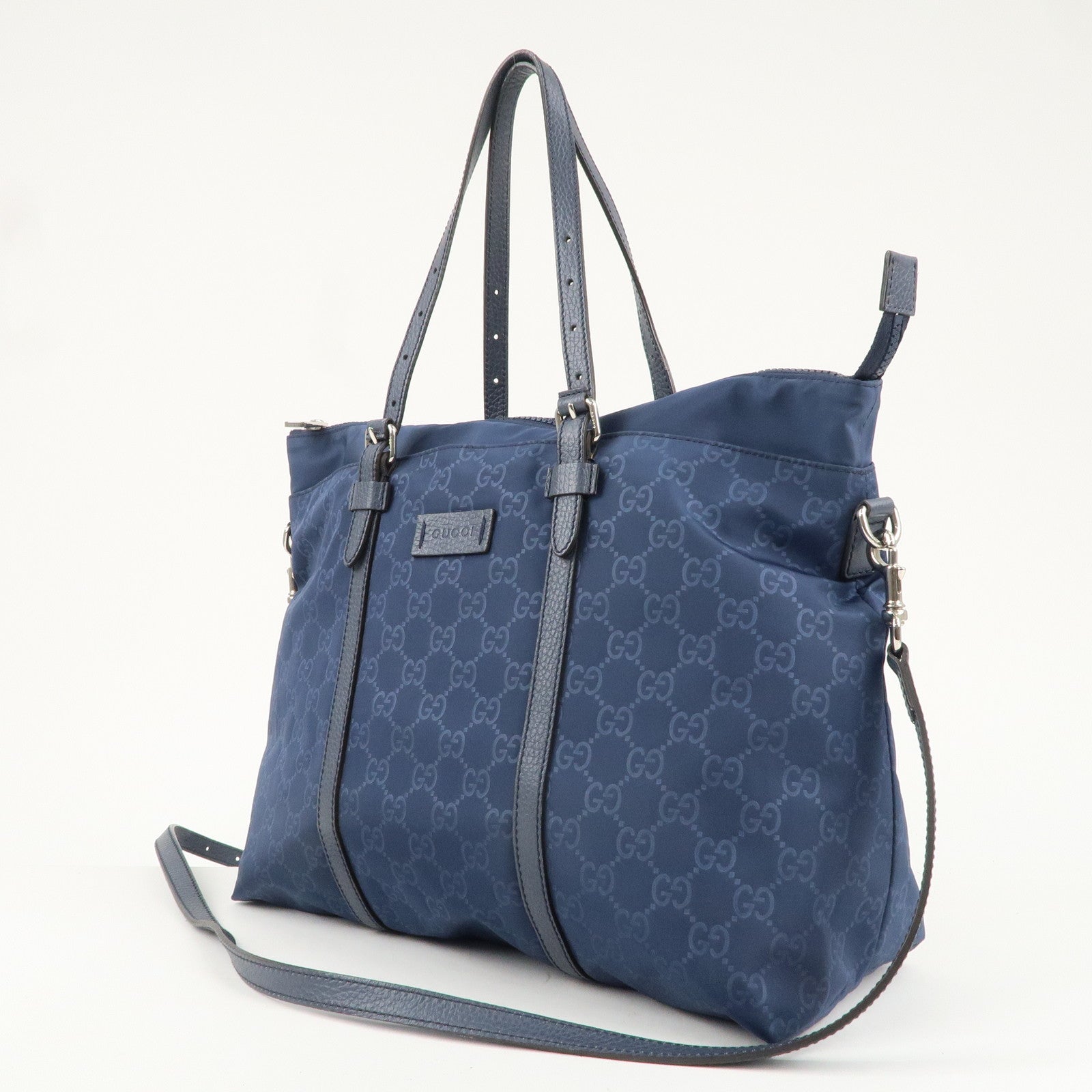 GUCCI GG Nylon Leather 2Way Bag Tote Bag 387067 Navy