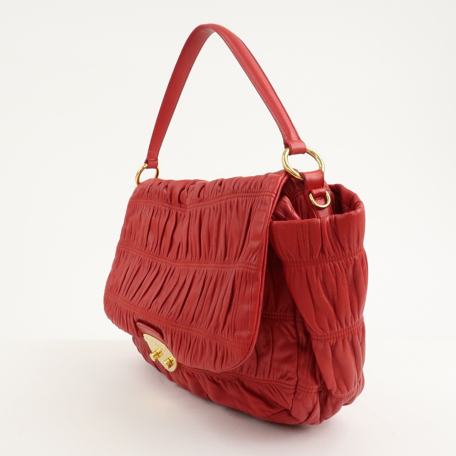 PRADA Logo Gathered Leather Shoulder Bag Hand Bag Red