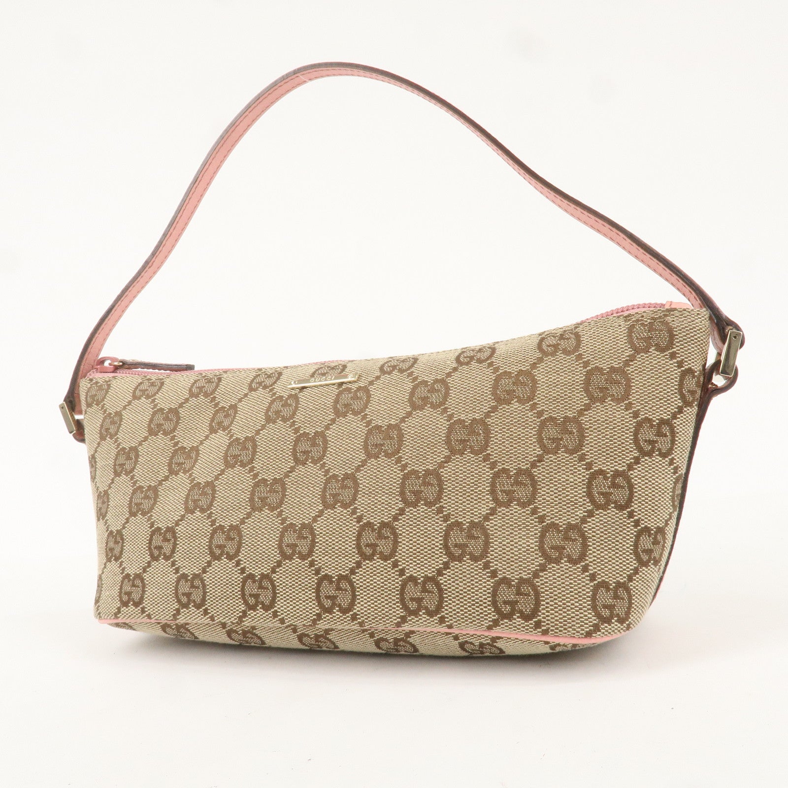 GUCCI GG Canvas Leather Boat Bag Hand Bag Pouch Beige Pink 7198