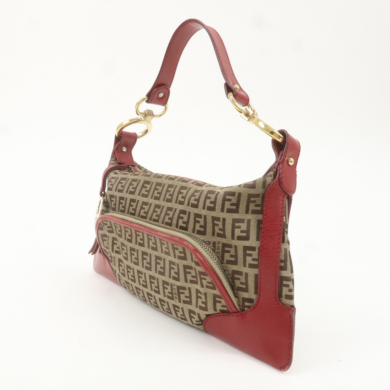 FENDI Zucchino Canvas Leather Shoulder Bag Beige Red 8BR464