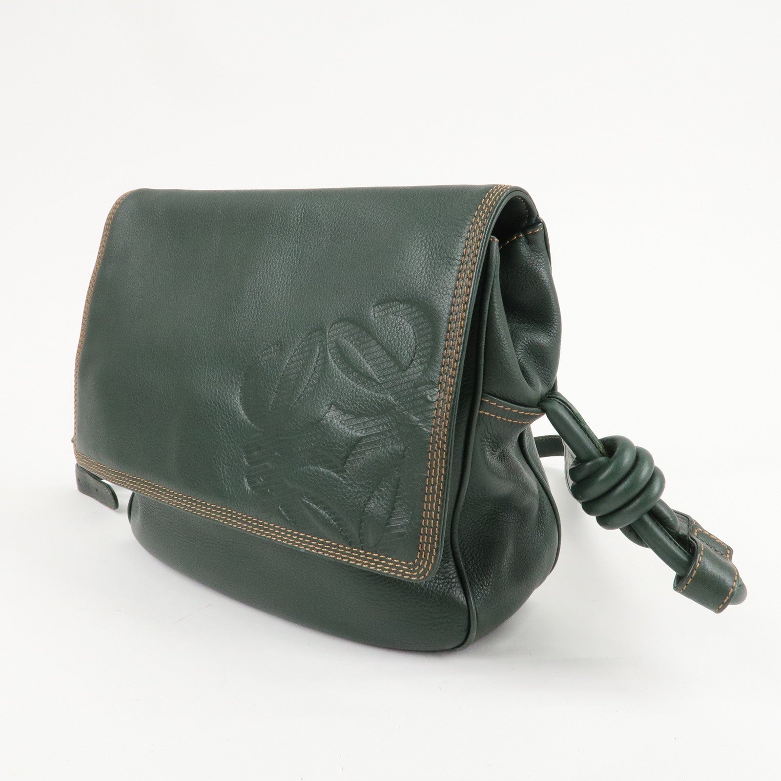 LOEWE Anagram Leather Knot Shoudler Bag Cross Body Bag Green Used