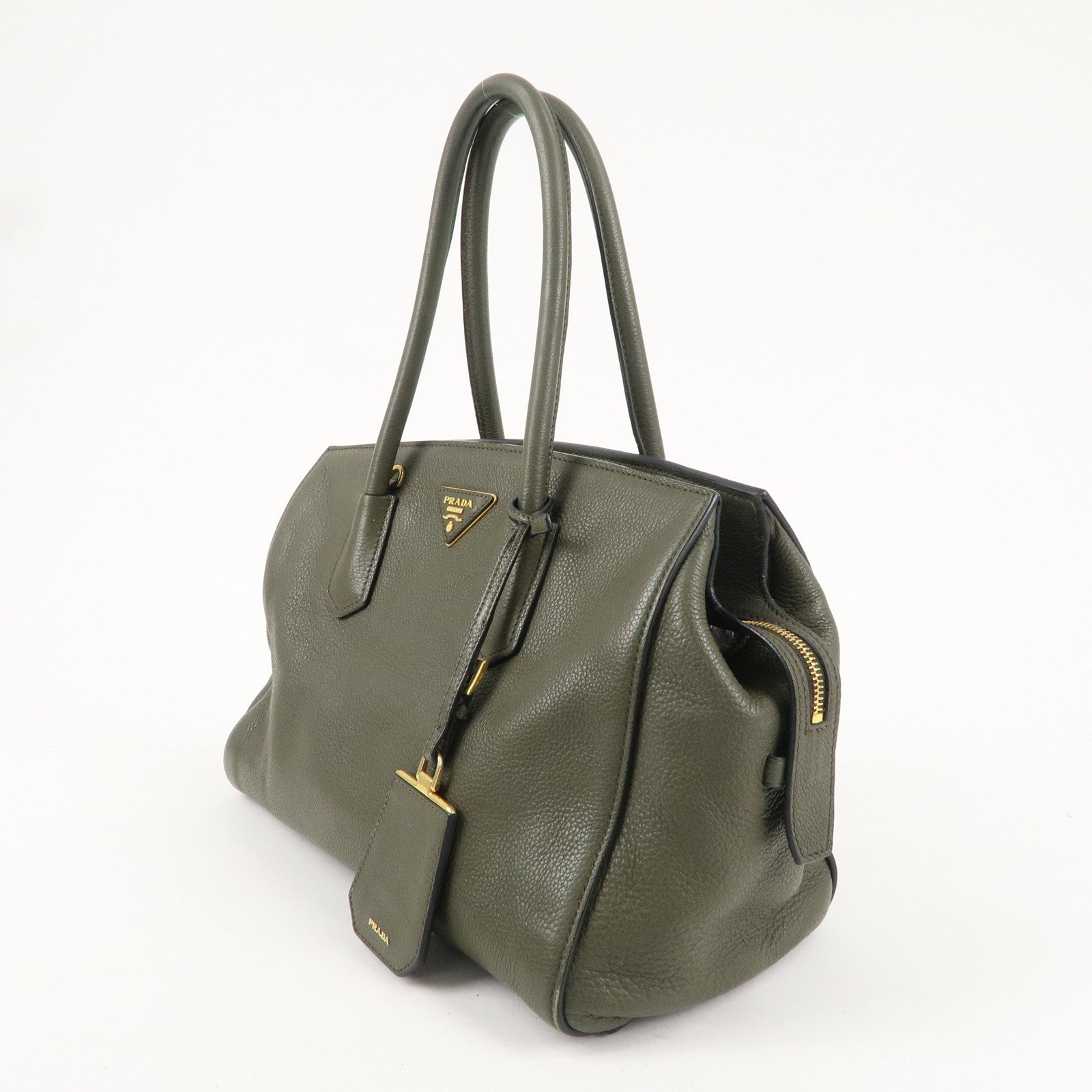 PRADA Logo Leather Hand Bag Shoulder Bag Khaki