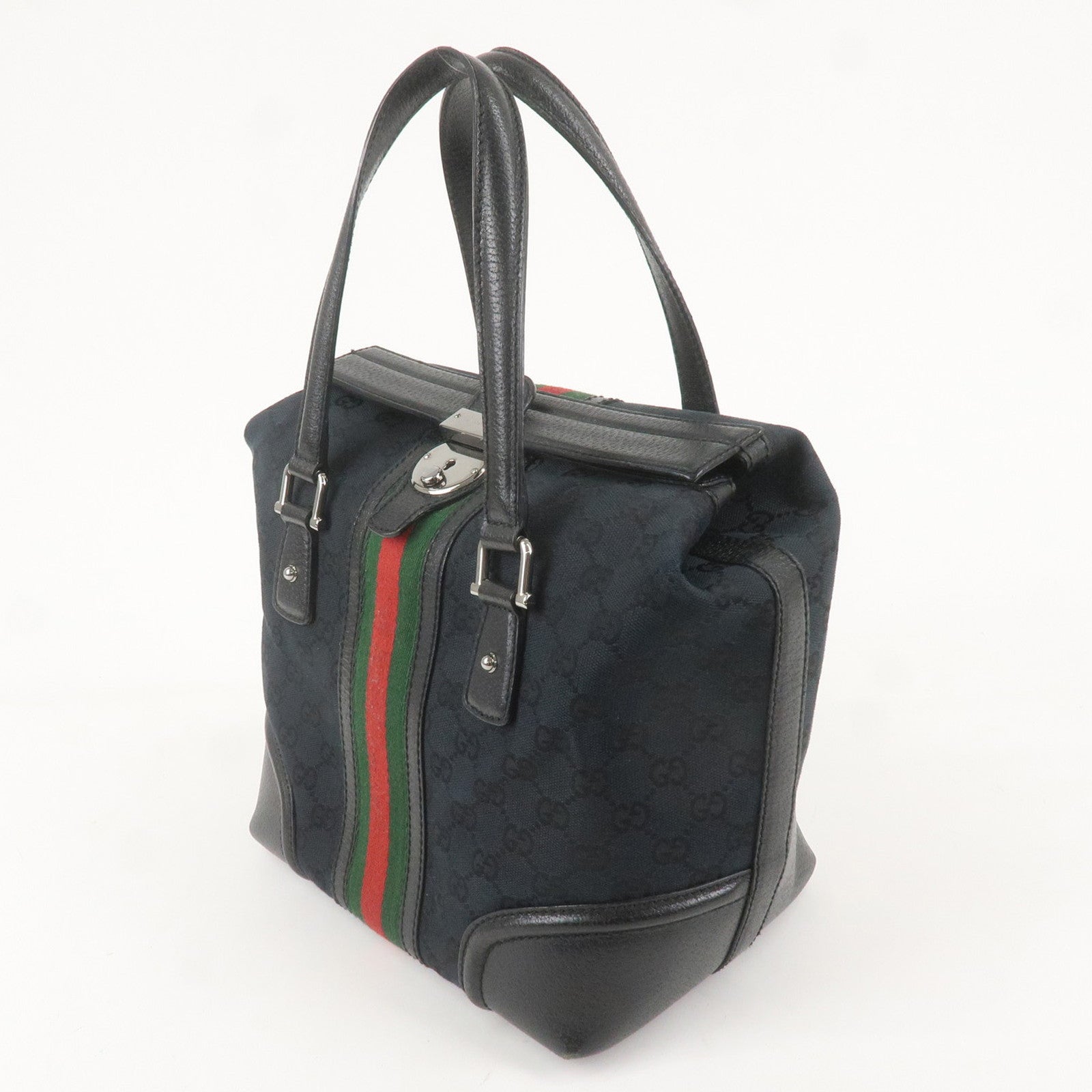 GUCCI Sherry GG Canvas Leather Handbag Black 146002