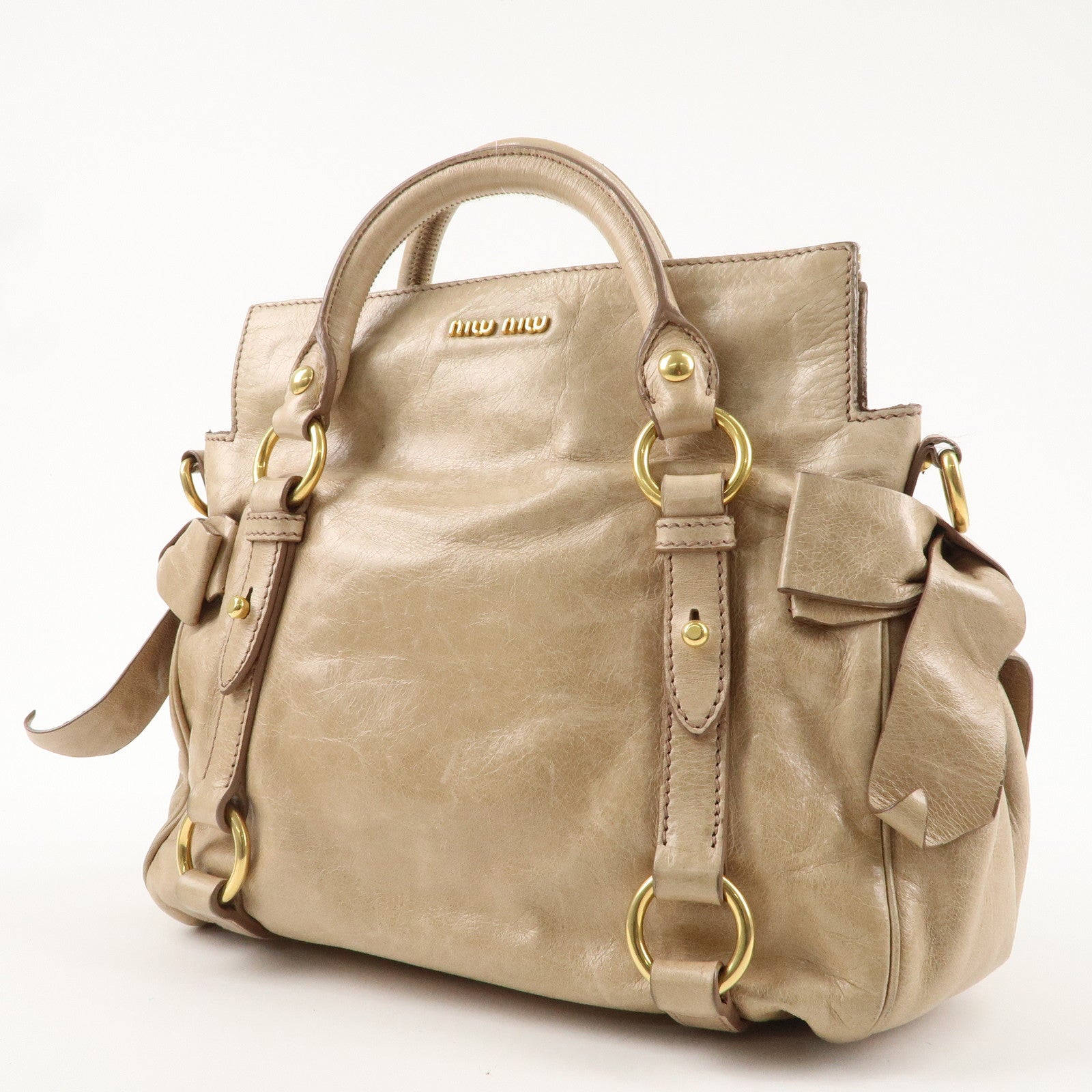 MIU MIU Leather Side Ribbon 2WAY Hand Shoulder Bag Beige PT0438