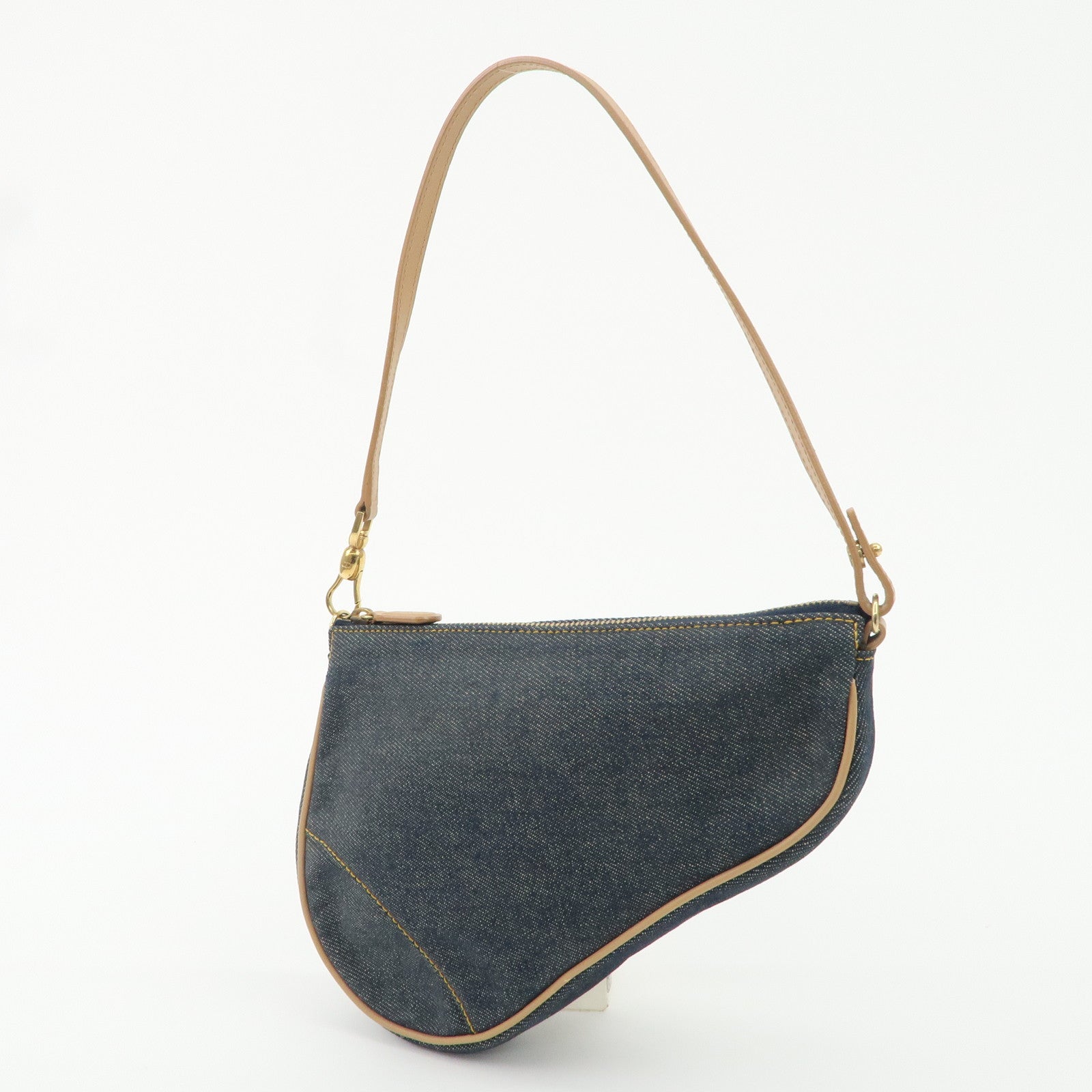 Christian Dior Denim Leather Saddle Pouch SHoulder Bag Blue Beige