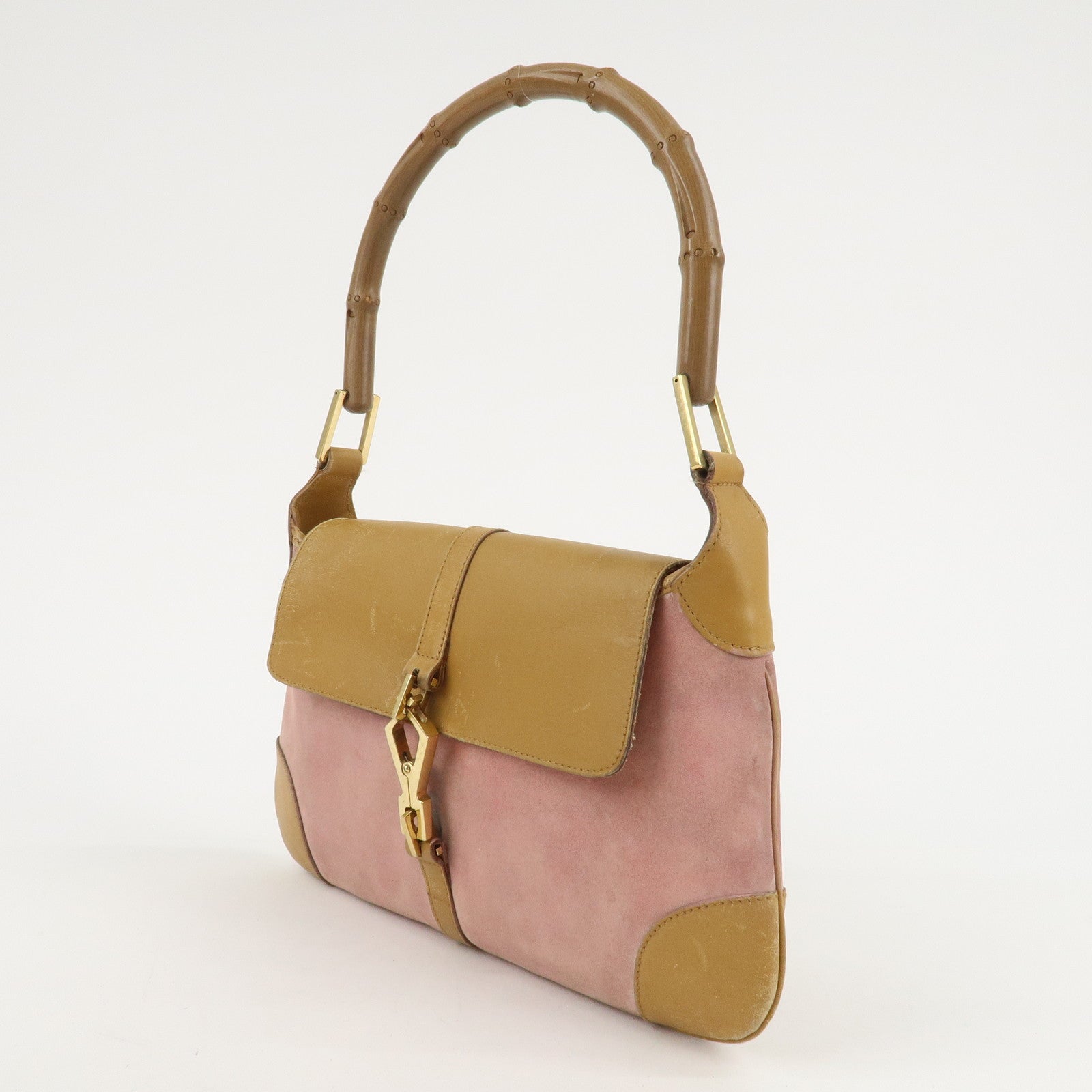 GUCCI Bamboo Suede Leather Shoulder Bag Pink Beige 001.4096.1705 Used