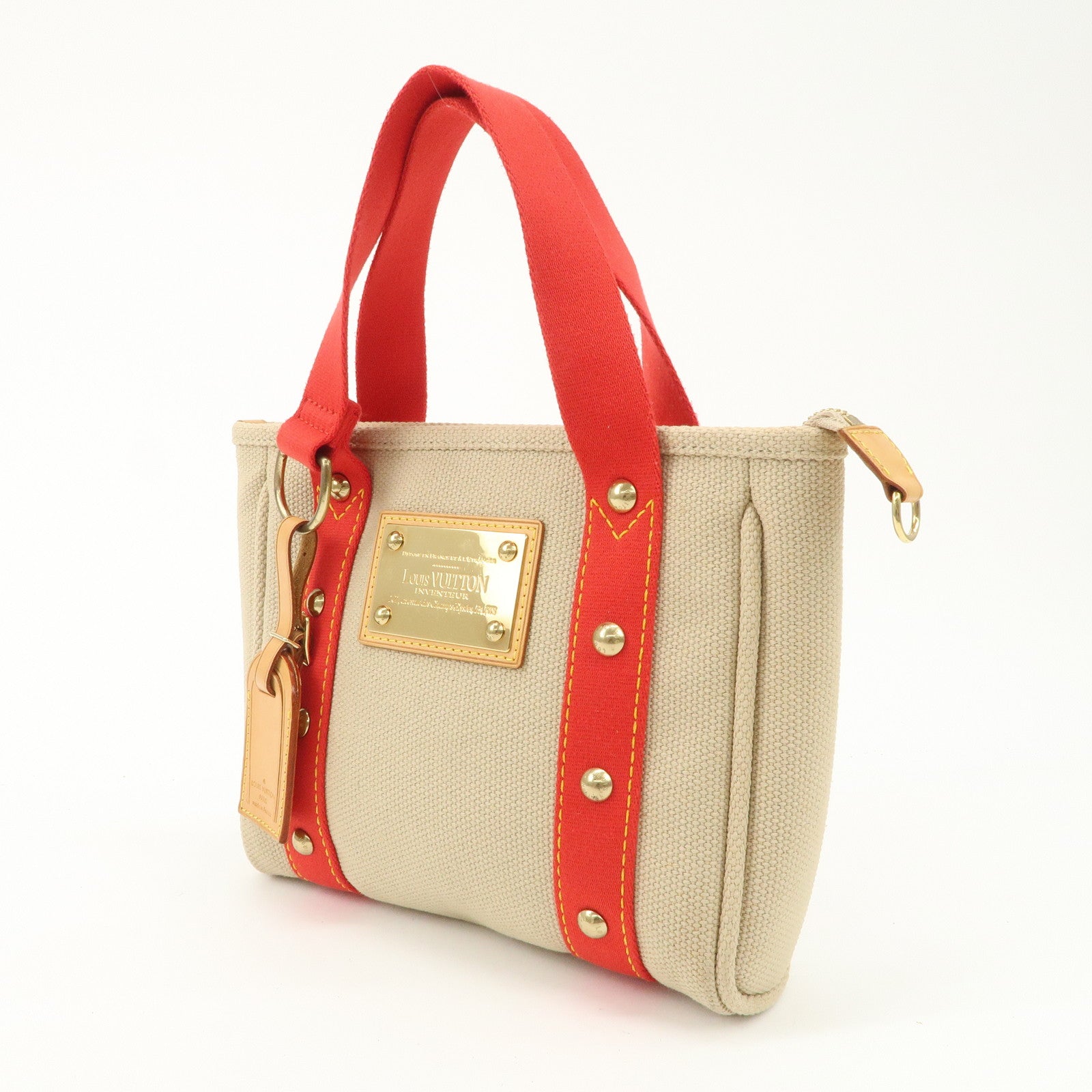 Louis Vuitton Antigua Cabas PM Tote Bag Hand Bag Beige Red M40088