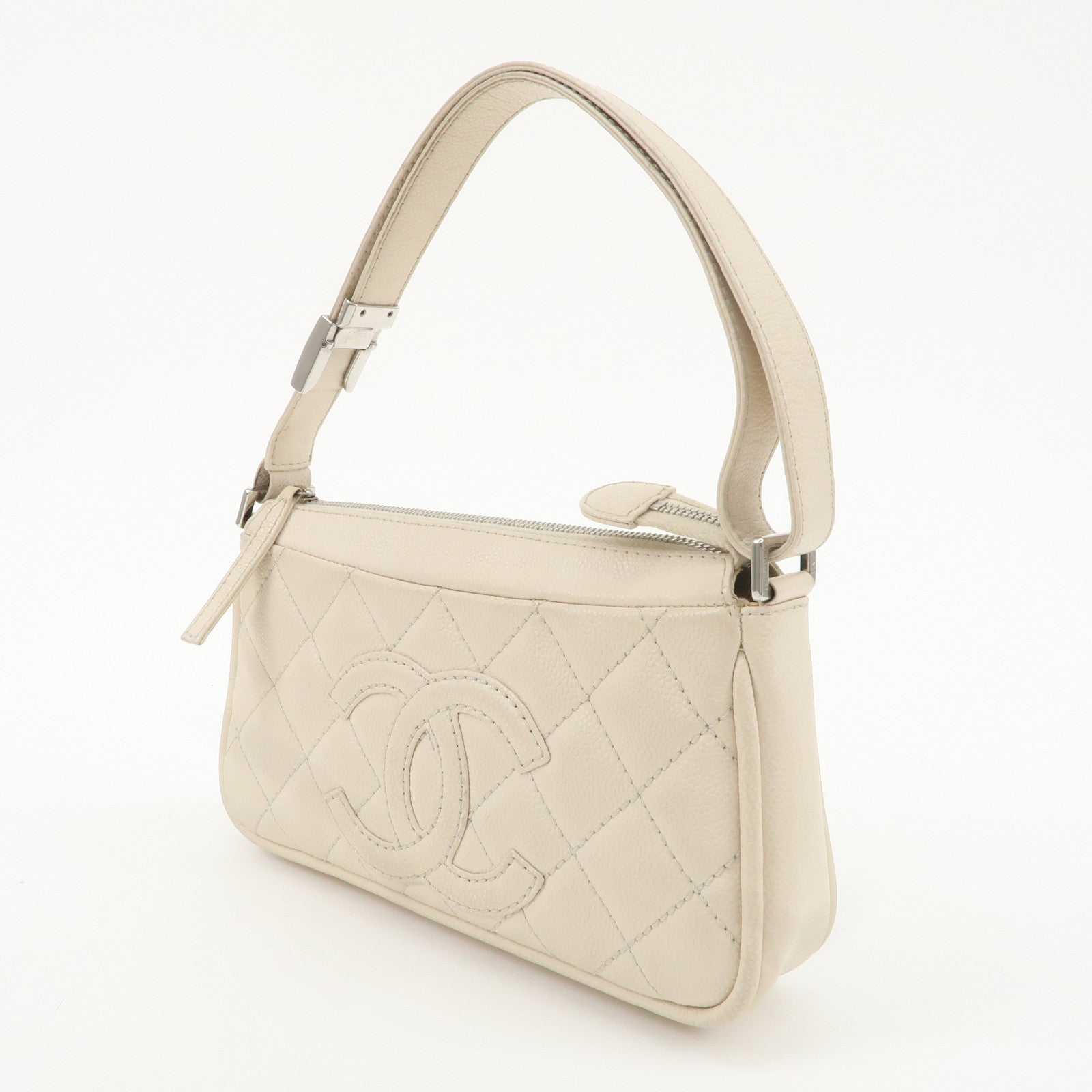 CHANEL Matelasse Caviar Skin Shoulder Bag Ivory Silver HDW Used