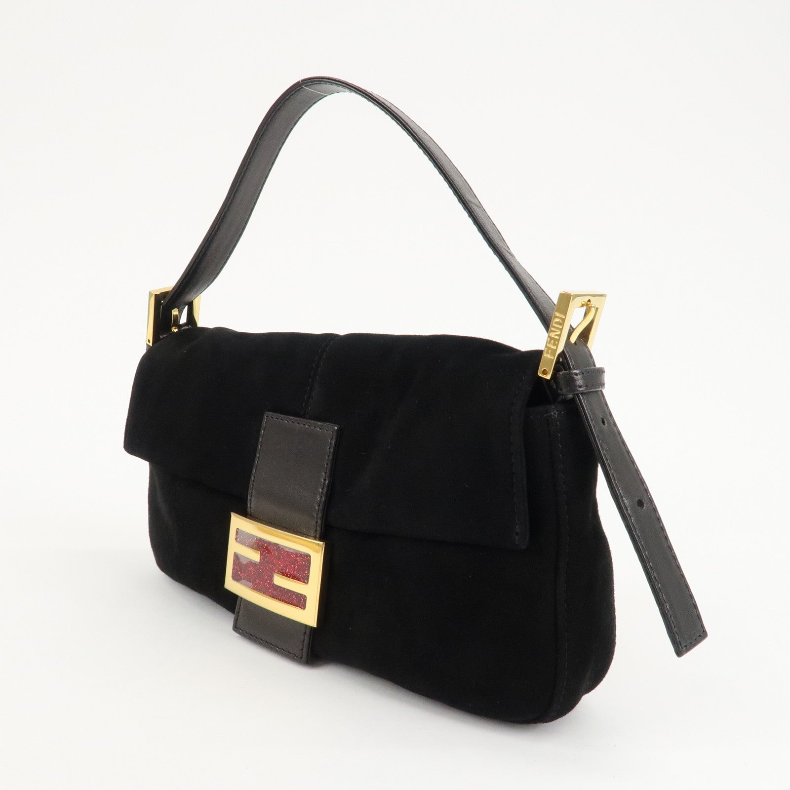 FENDI Mamma Baguette Suede Leather Shoulder Bag Black 26424 Used