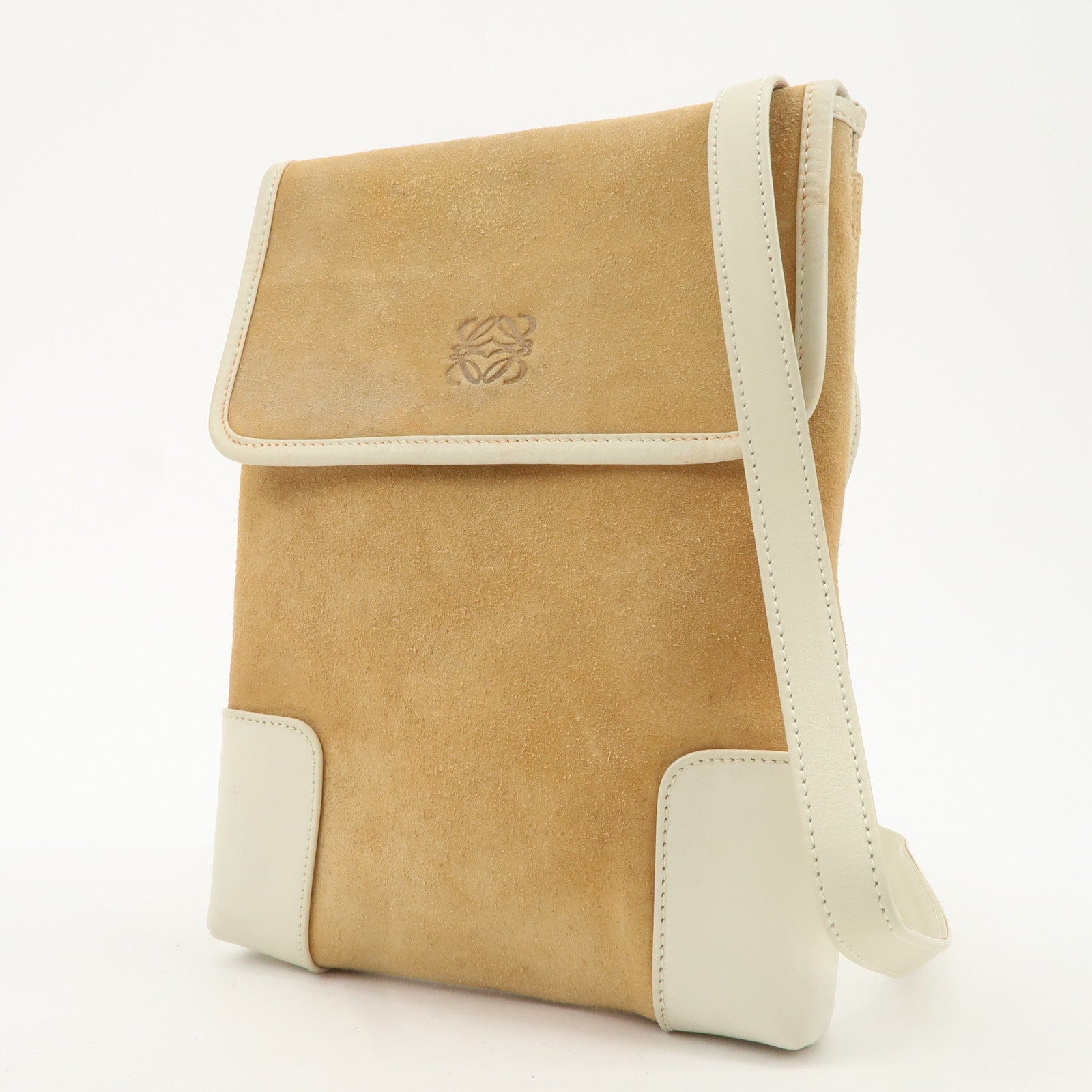 LOEWE Anagram Suede Leather Shoulder Bag Beige Ivory